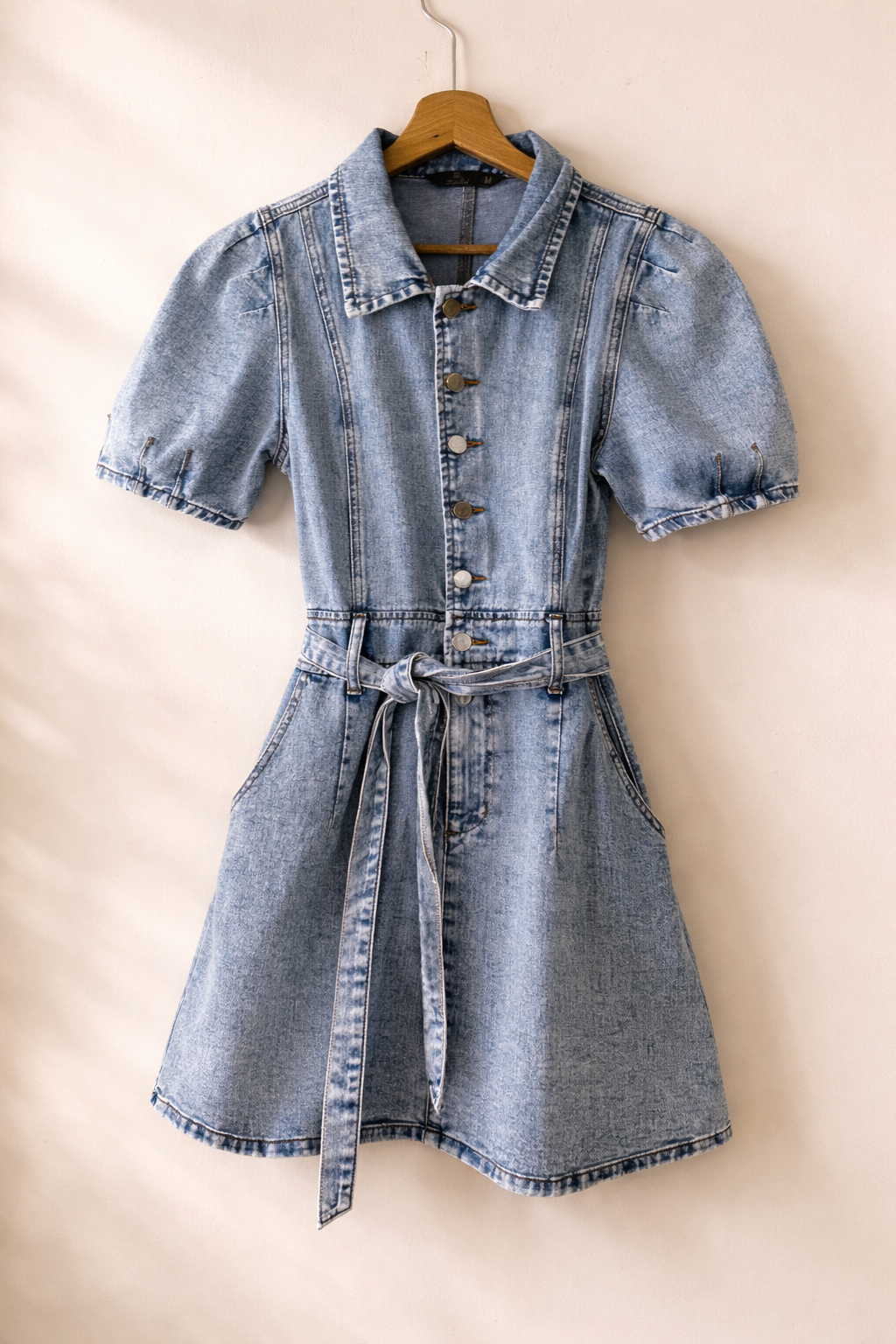 Vintage Denim Shirt Dress With Belt Short Sleeve Light Wash | Bardo