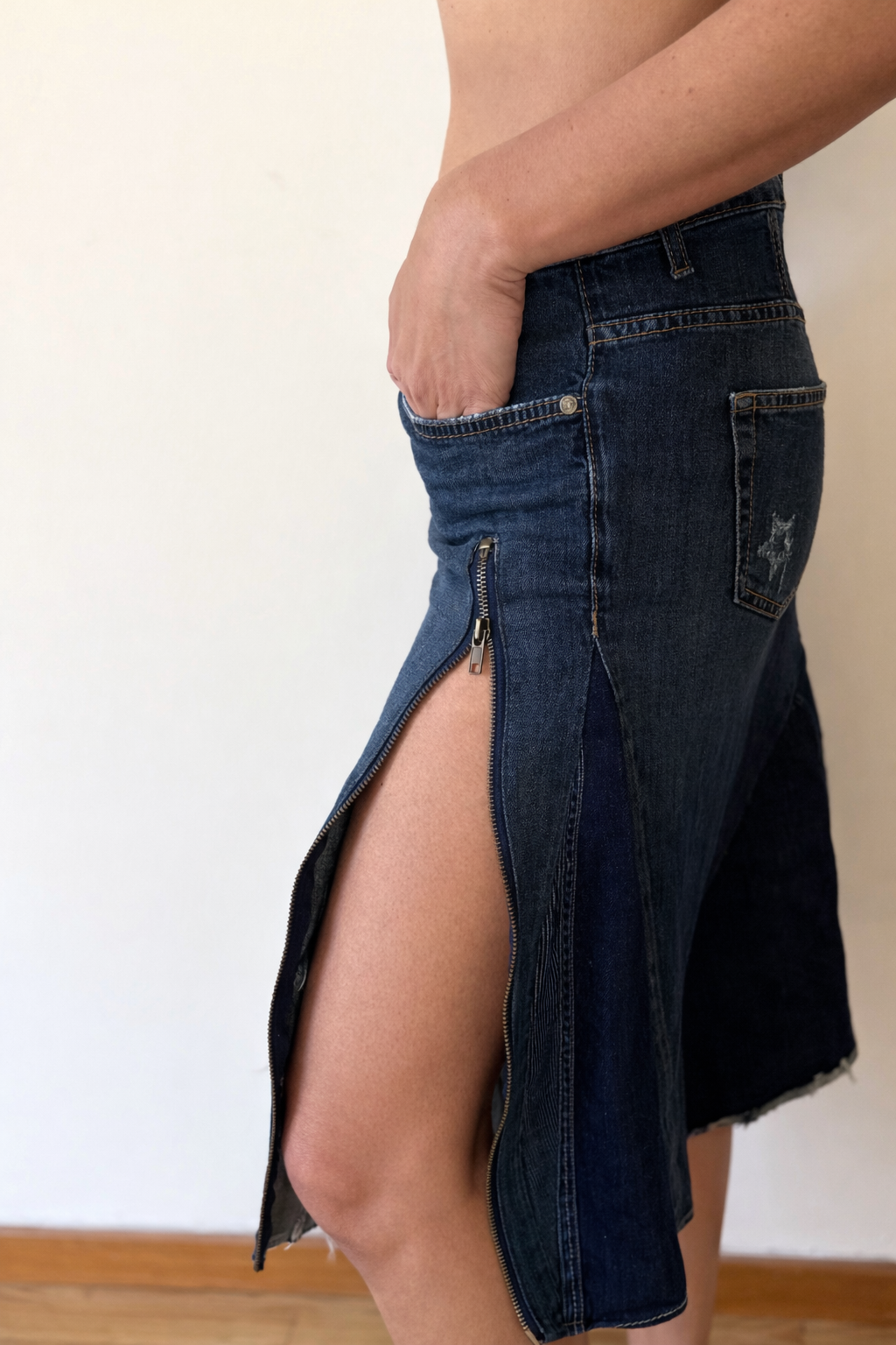 Reworked Denim Midi Skirt With Side Zipper Slit Y2K Blue | Bardo