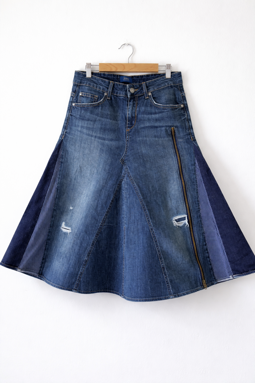 Reworked Denim Midi Skirt With Side Zipper Slit Y2K Blue | Bardo