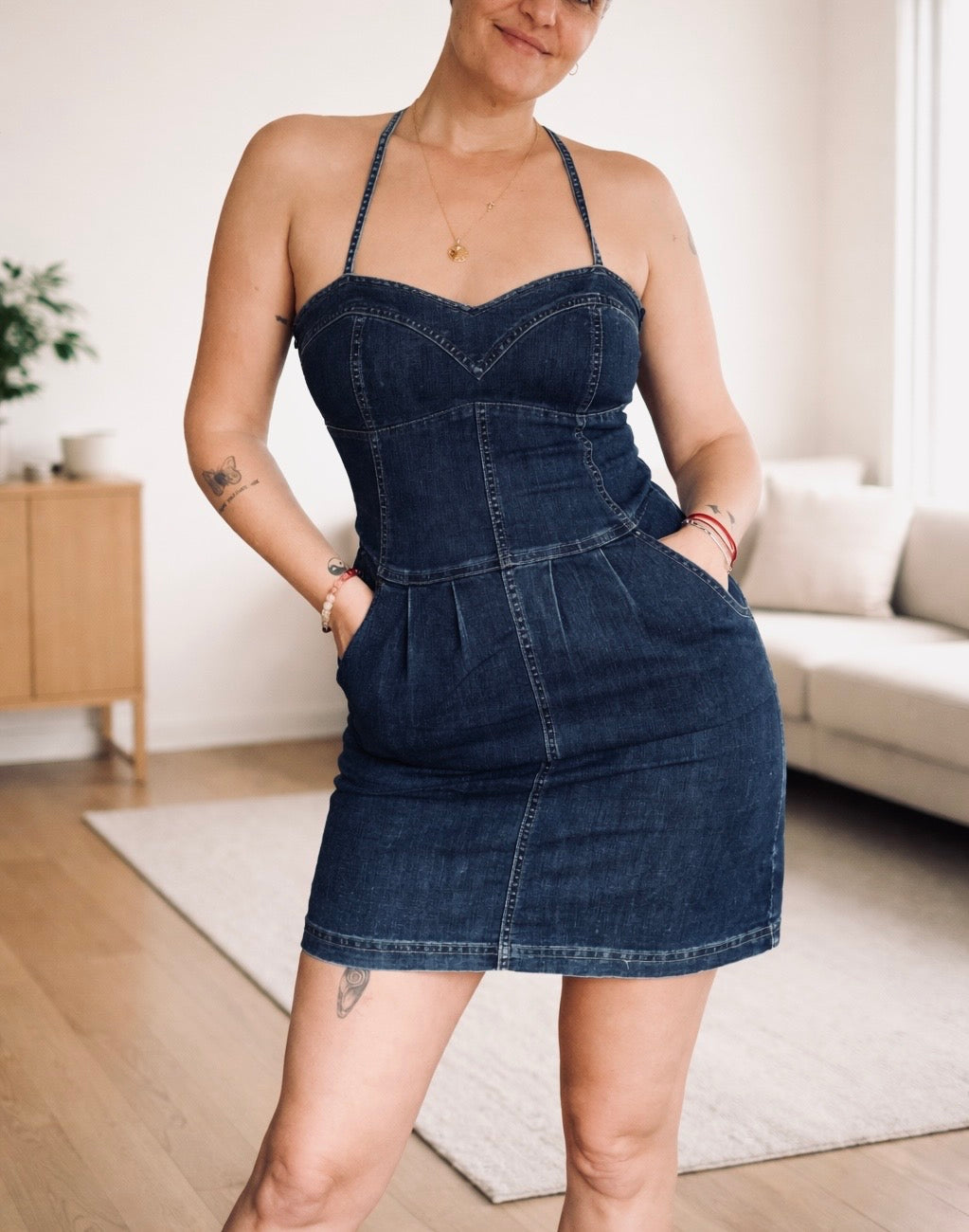 Y2K Denim Mini Dress Stretch Fitted Structured Seams Blue | Bardo