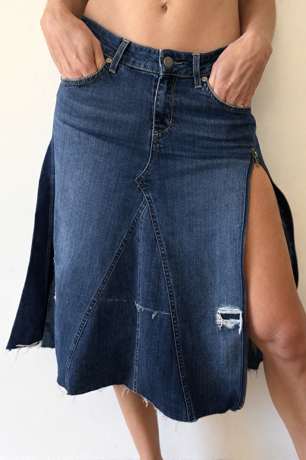 Reworked Denim Midi Skirt With Side Zipper Slit Y2K Blue | Bardo