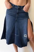 Reworked Denim Midi Skirt With Side Zipper Slit Y2K Blue | Bardo