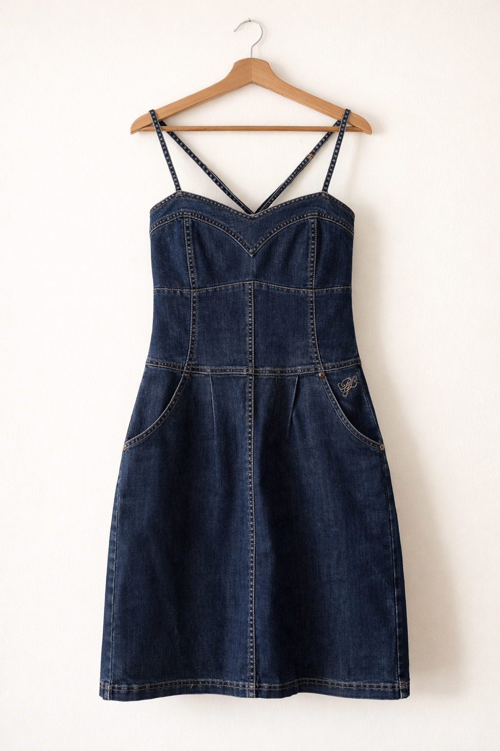Y2K Denim Mini Dress Stretch Fitted Structured Seams Blue | Bardo