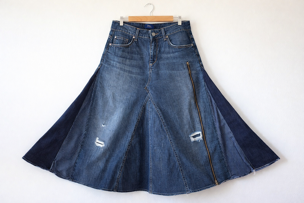 Reworked Denim Midi Skirt With Side Zipper Slit Y2K Blue | Bardo