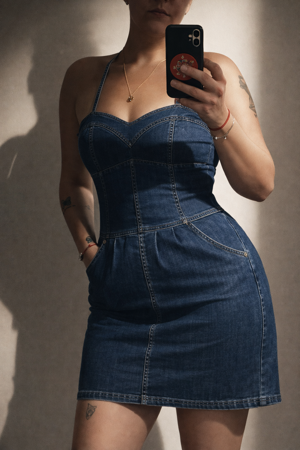 Y2K Denim Mini Dress Stretch Fitted Structured Seams Blue | Bardo