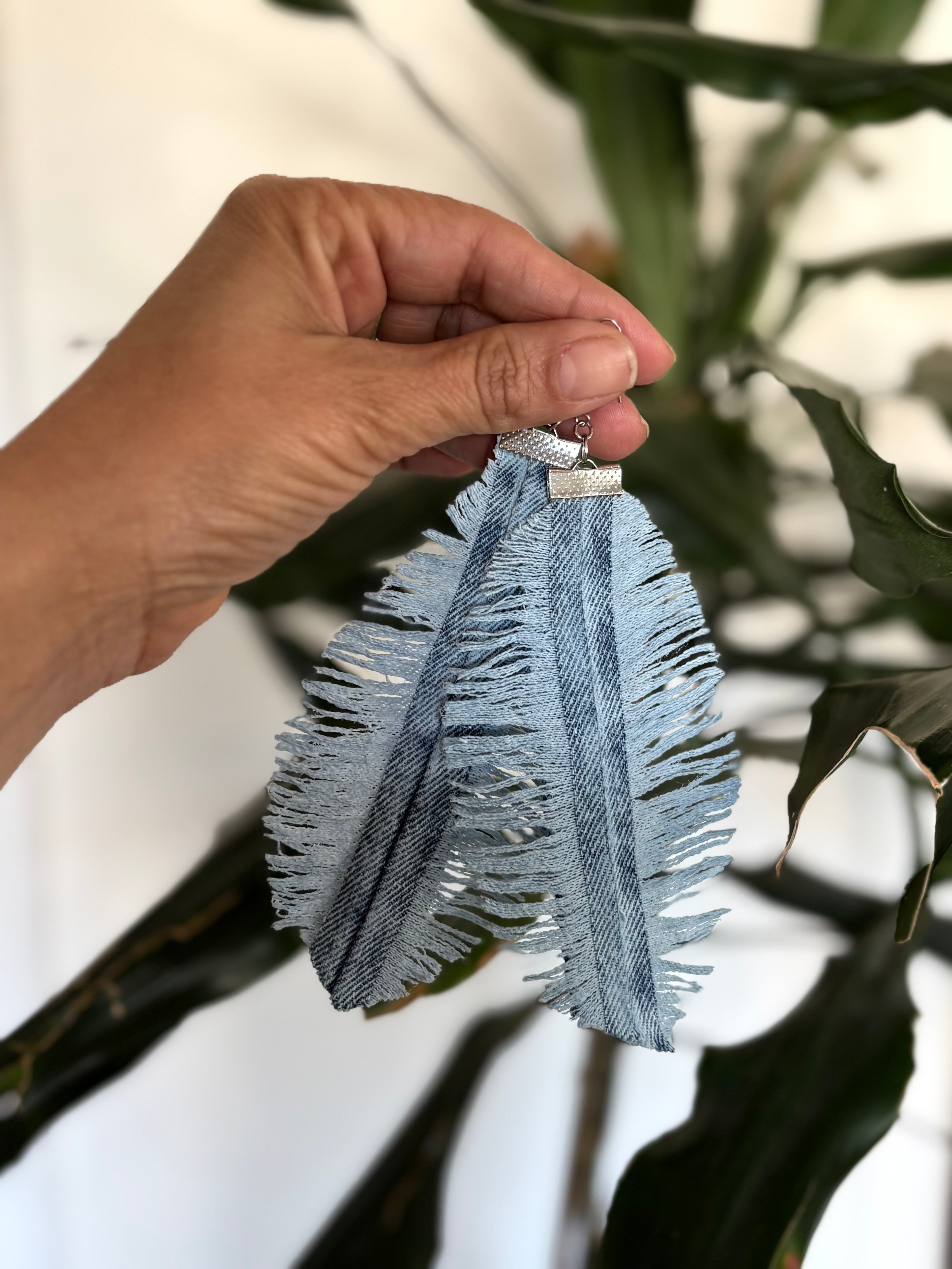 Unique Handmade Denim Feather Earrings Recycled Alessandra Bianco 2026 Light Blue | Bardo