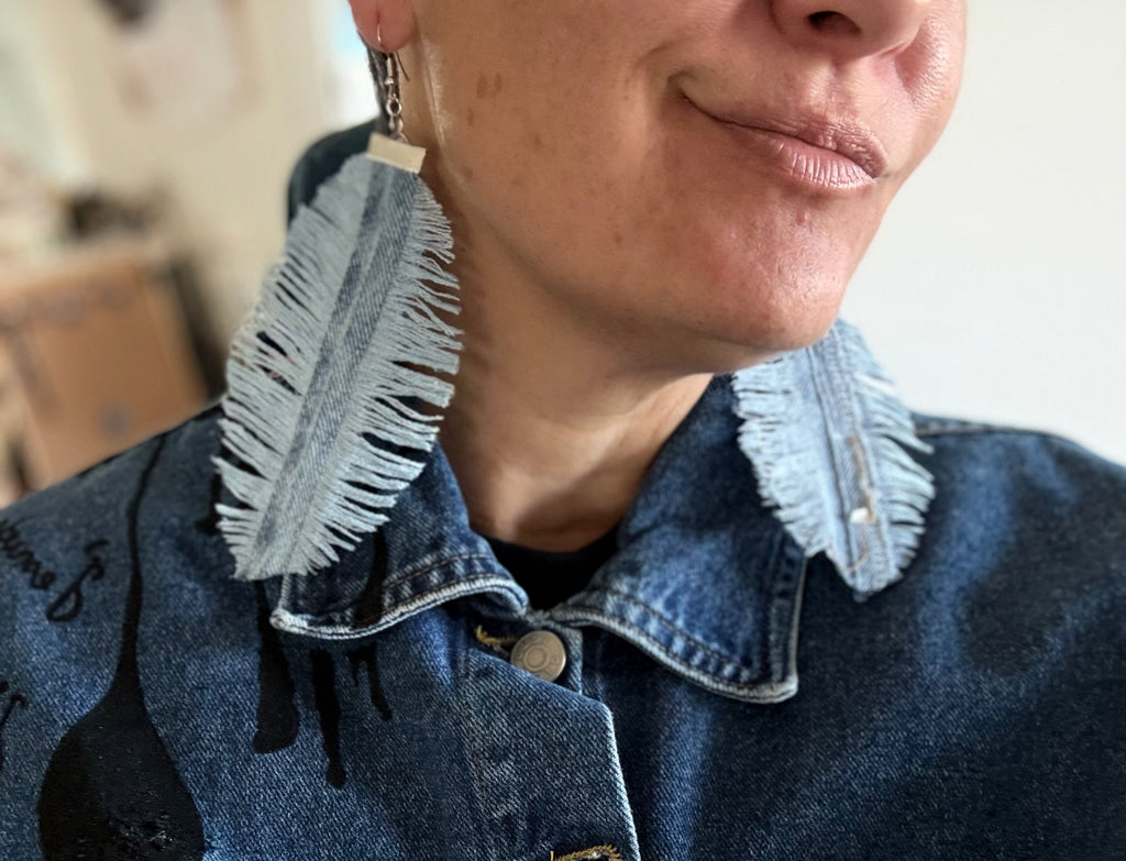 Unique Handmade Denim Feather Earrings Recycled Alessandra Bianco 2026 Light Blue | Bardo