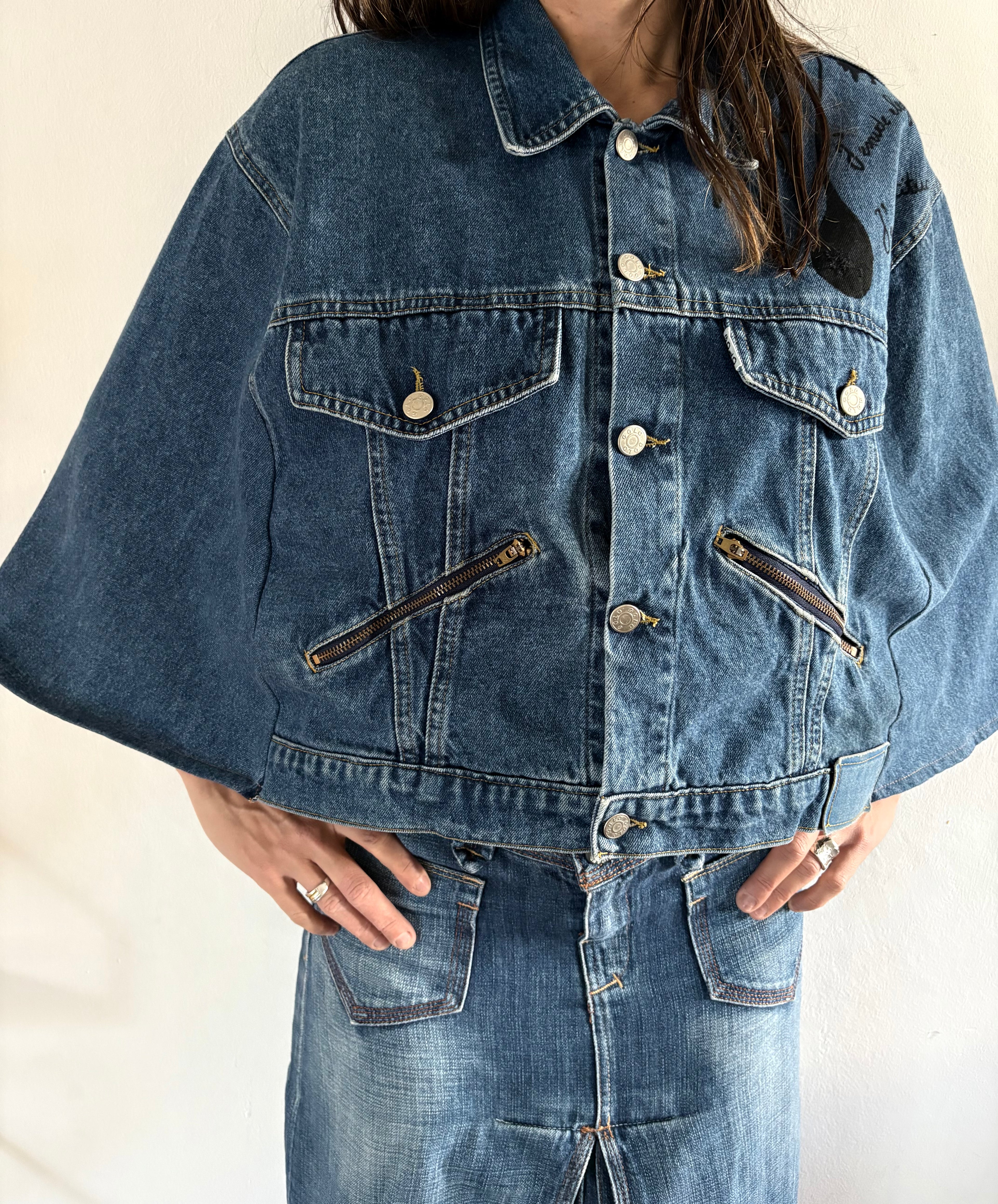 Unique Reworked Denim Cape Oversize Y2K Hand Painted Blue | Bardo