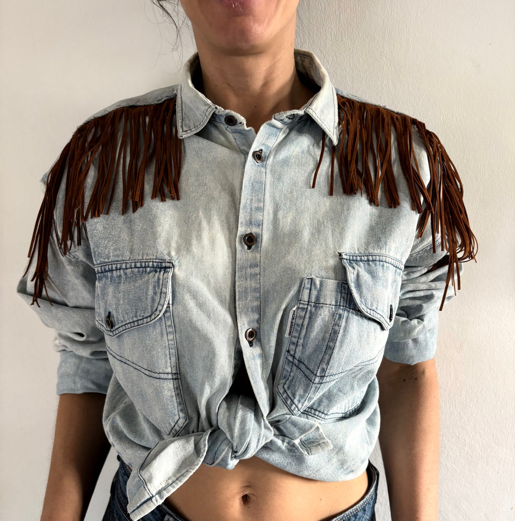 Unique Reworked Horse Painted Fringe Denim Shirt Oversize Western Y2K Light Blue | Bardo