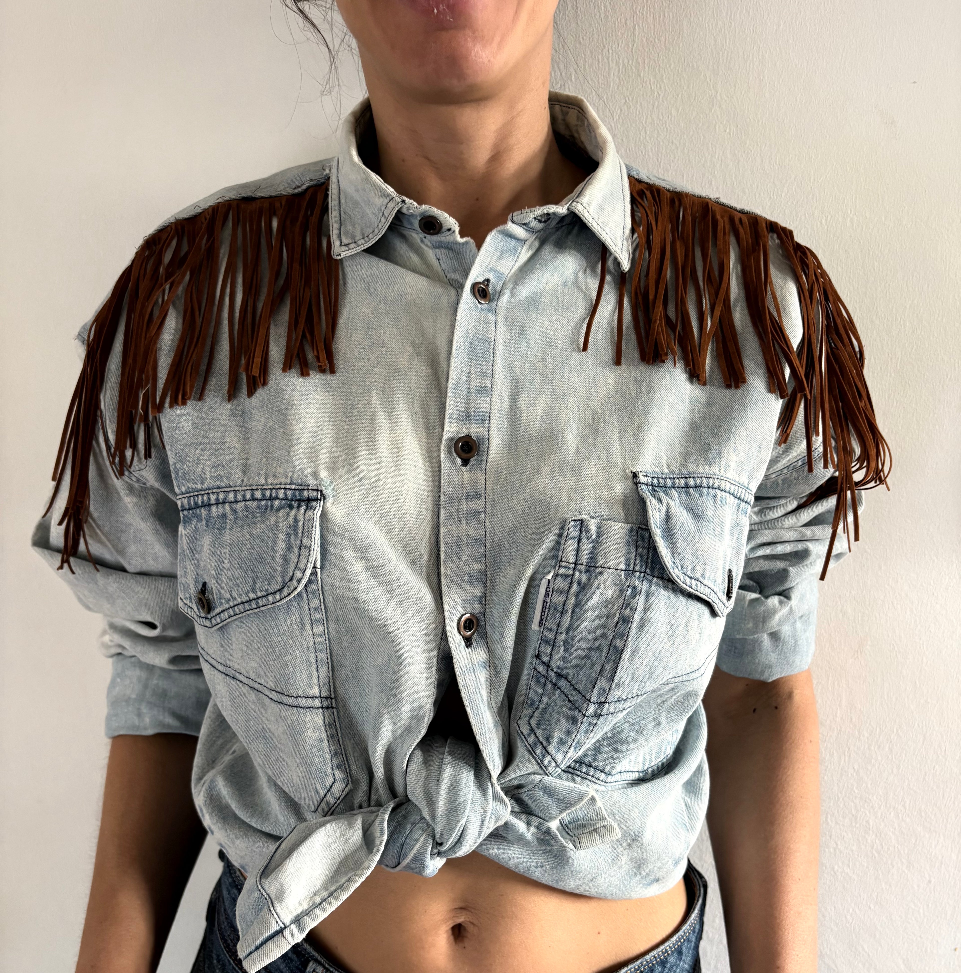 Unique Reworked Horse Painted Fringe Denim Shirt Oversize Western Y2K Light Blue | Bardo