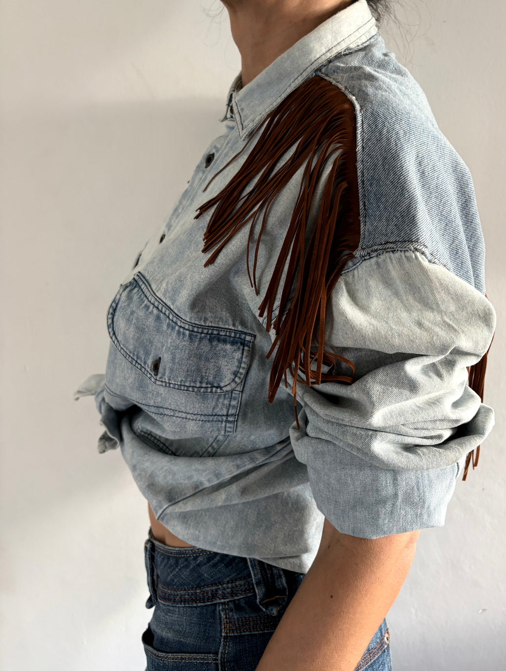 Unique Reworked Horse Painted Fringe Denim Shirt Oversize Western Y2K Light Blue | Bardo