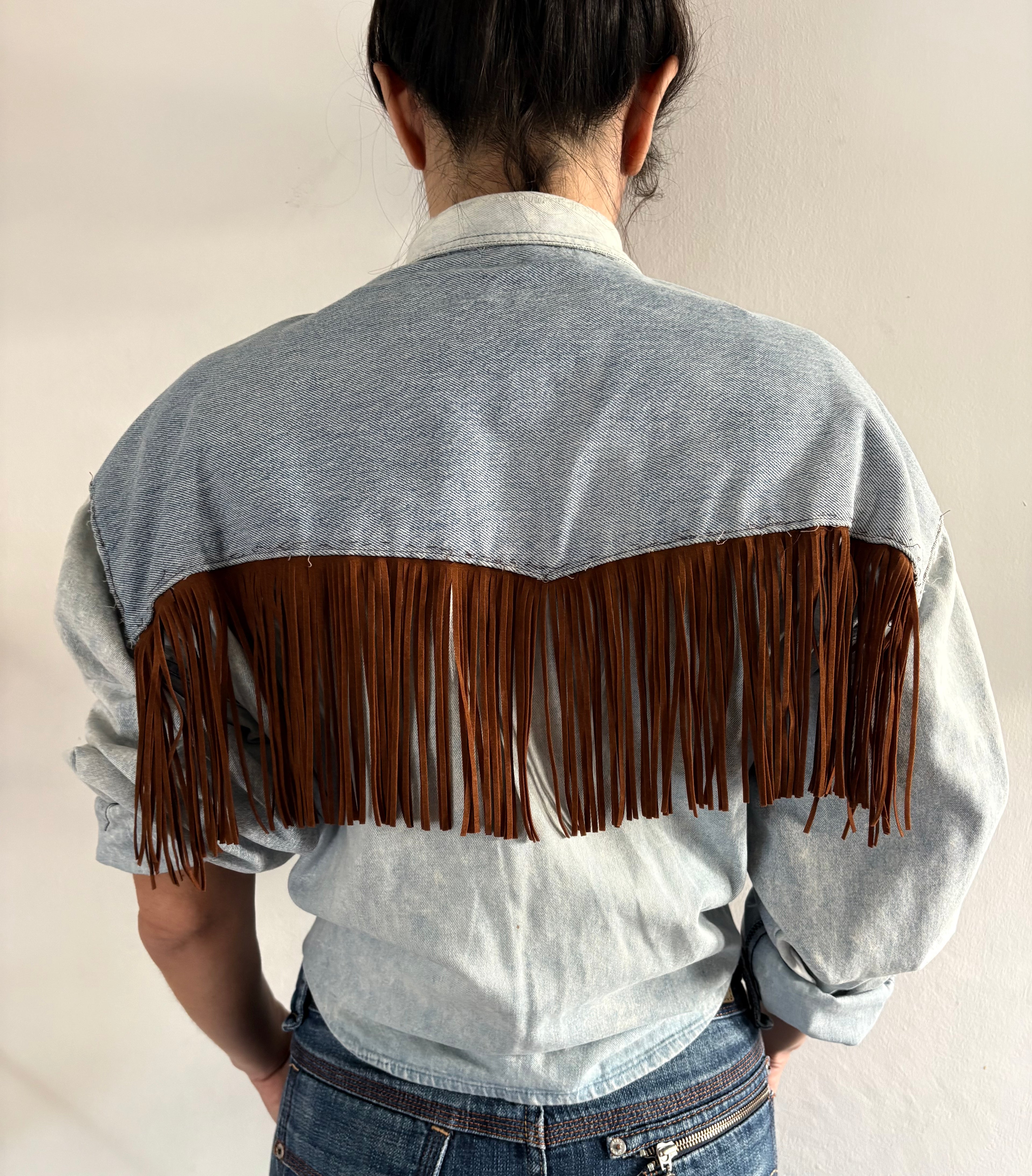 Unique Reworked Horse Painted Fringe Denim Shirt Oversize Western Y2K Light Blue | Bardo