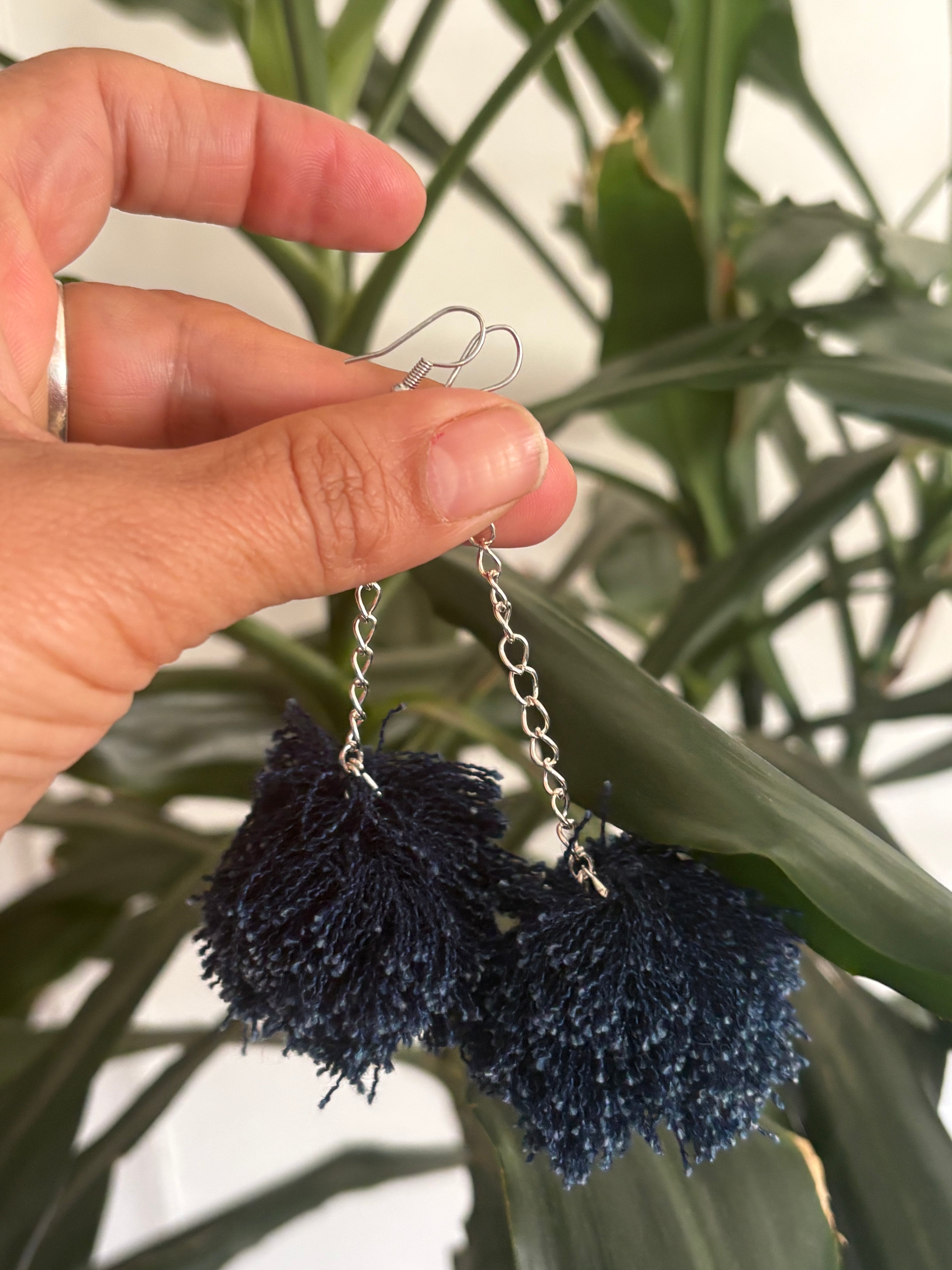 Unique Handmade Denim Pom Pom Earrings Recycled Alessandra Bianco 2026 Blue | Bardo