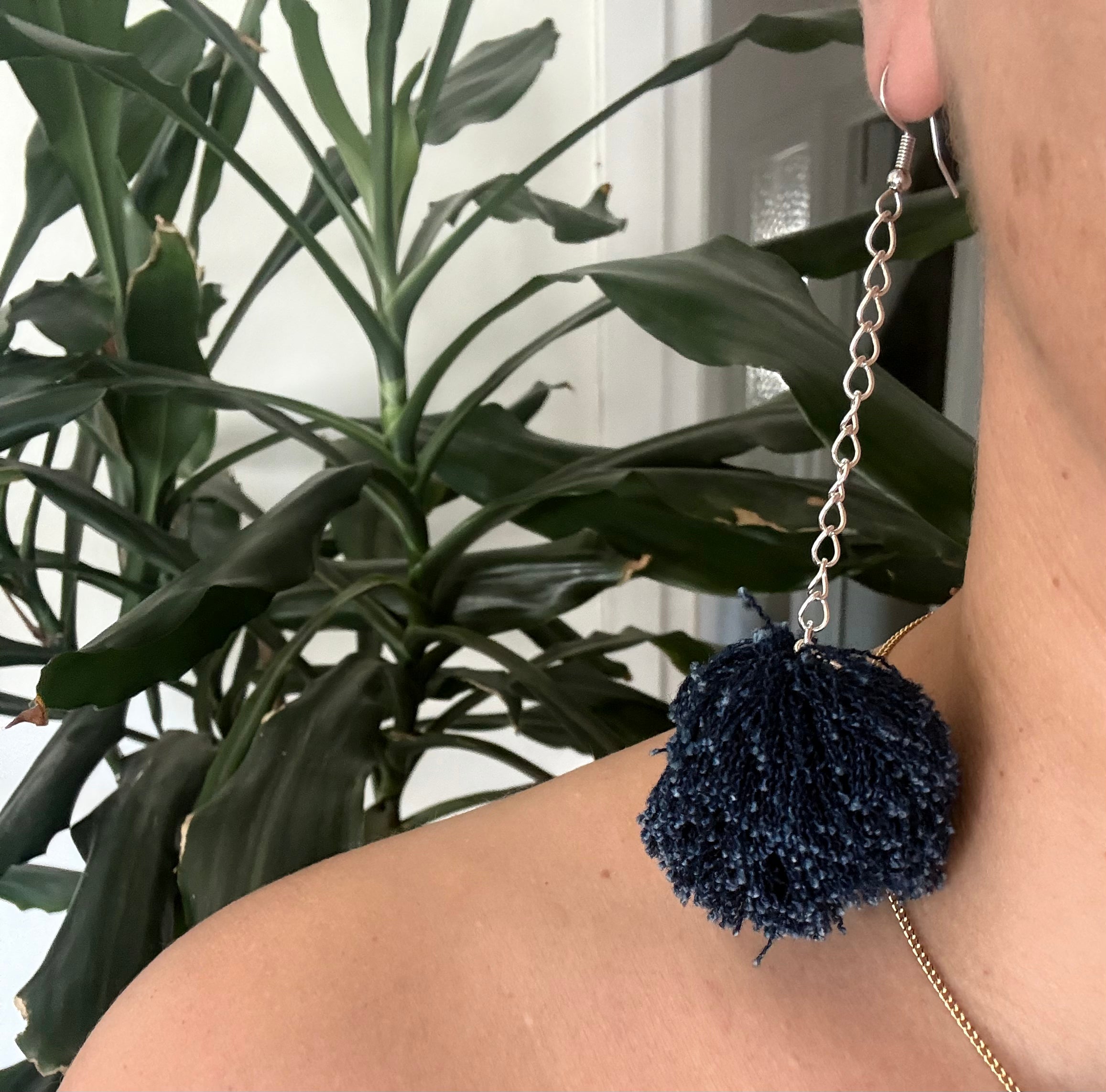Unique Handmade Denim Pom Pom Earrings Recycled Alessandra Bianco 2026 Blue | Bardo