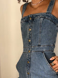 Vintage Denim Mini Dress – Fitted Button Front Sleeveless Size XS 34 | BARDO