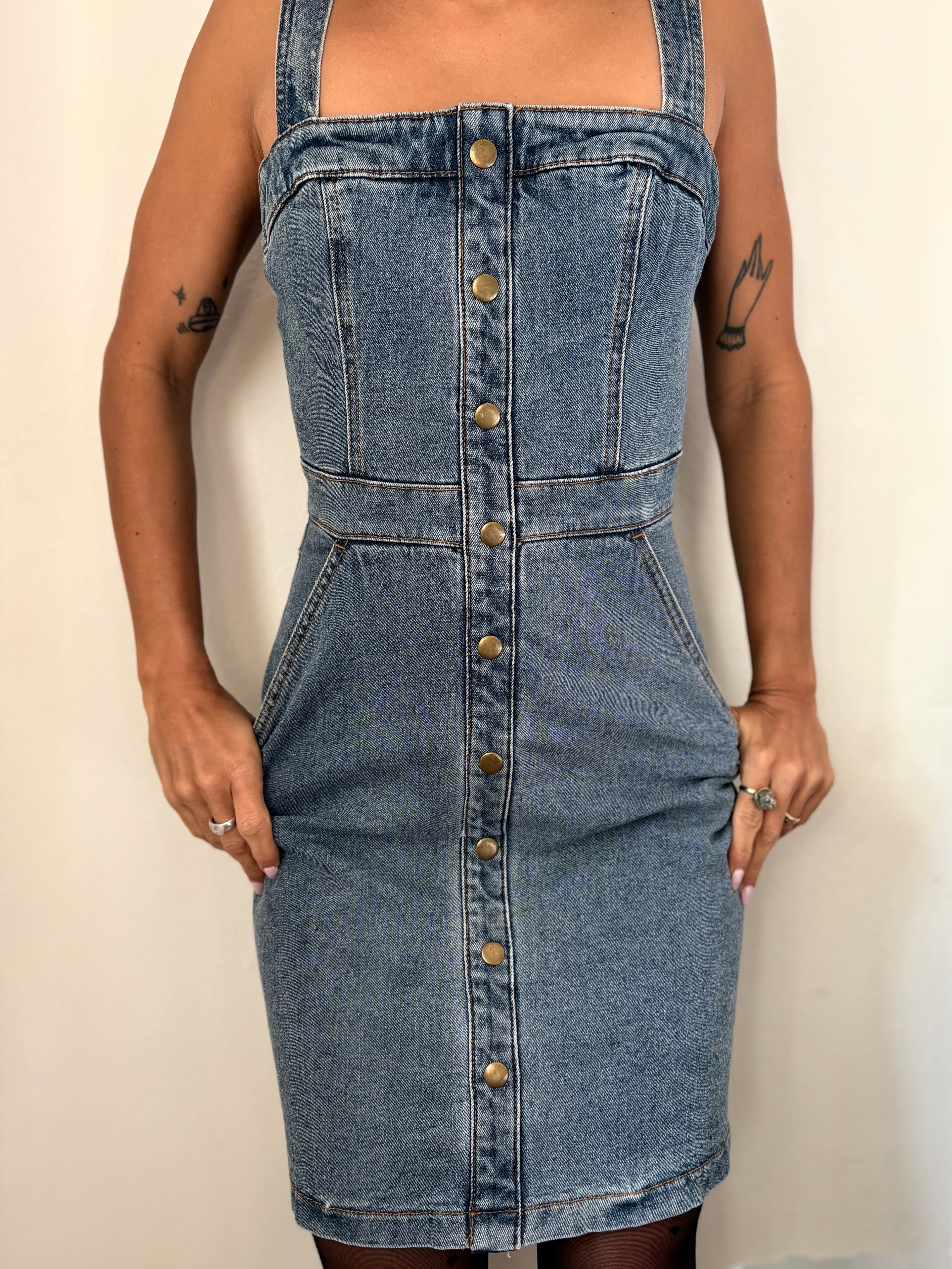 Vintage Denim Mini Dress – Fitted Button Front Sleeveless Size XS 34 | BARDO