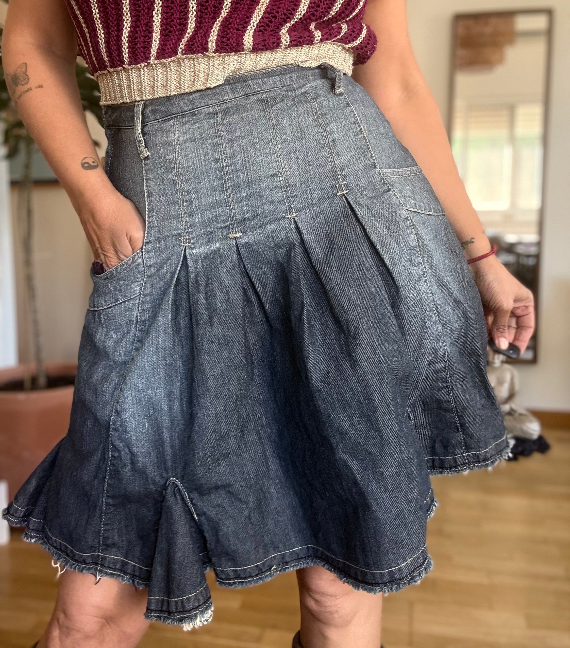 Product title Unique Reworked Y2K Denim Skirt Mid Rise Blue Frilled Structured Movement | Bardo