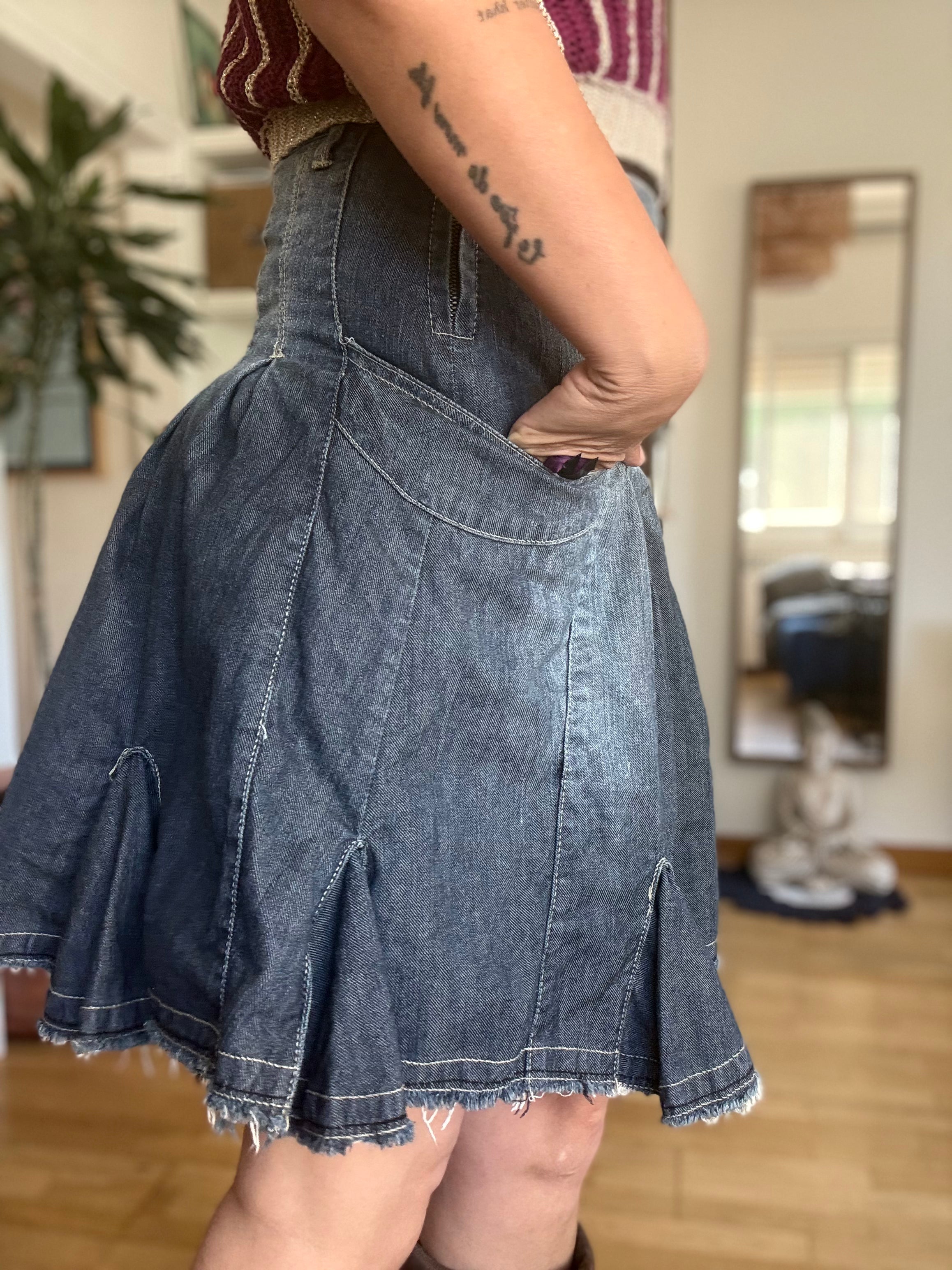 Product title Unique Reworked Y2K Denim Skirt Mid Rise Blue Frilled Structured Movement | Bardo