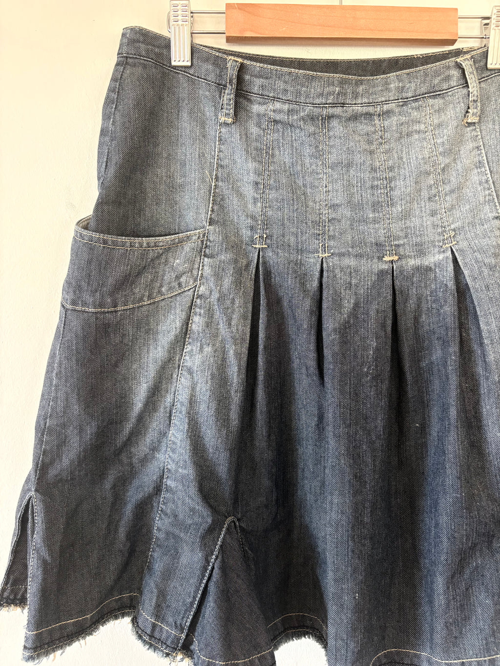 Product title Unique Reworked Y2K Denim Skirt Mid Rise Blue Frilled Structured Movement | Bardo