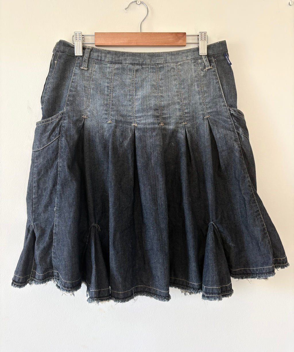 Product title Unique Reworked Y2K Denim Skirt Mid Rise Blue Frilled Structured Movement | Bardo