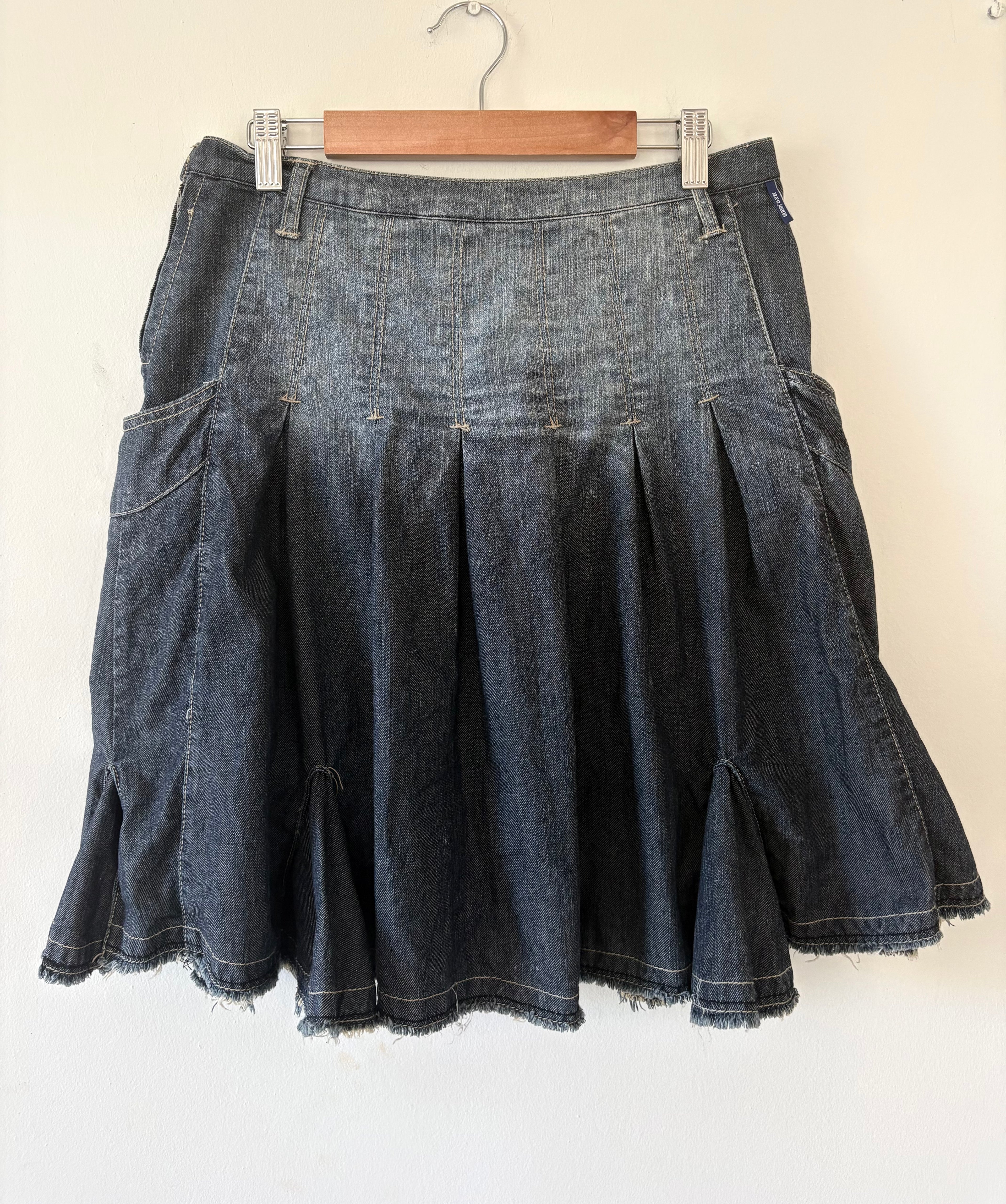 Product title Unique Reworked Y2K Denim Skirt Mid Rise Blue Frilled Structured Movement | Bardo