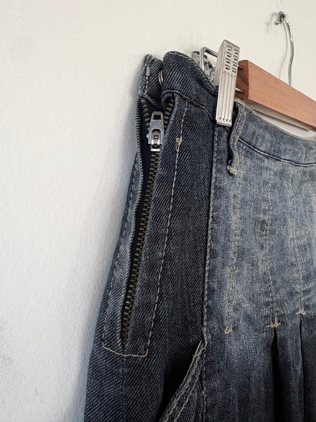 Product title Unique Reworked Y2K Denim Skirt Mid Rise Blue Frilled Structured Movement | Bardo