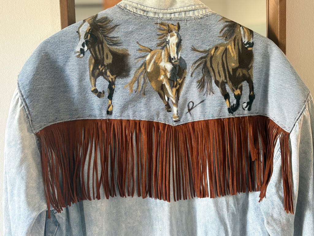 Unique Reworked Horse Painted Fringe Denim Shirt Oversize Western Y2K Light Blue | Bardo