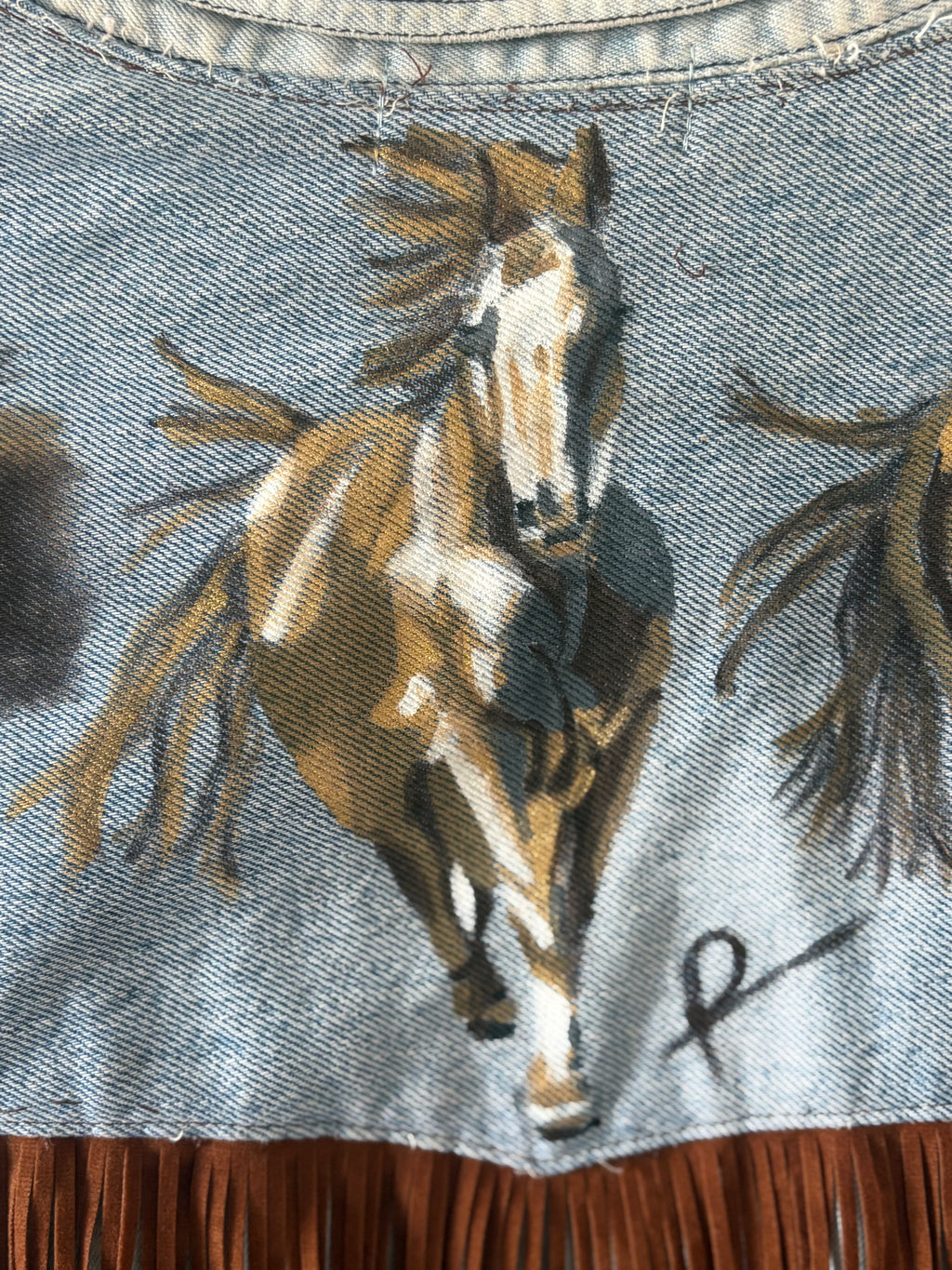 Unique Reworked Horse Painted Fringe Denim Shirt Oversize Western Y2K Light Blue | Bardo