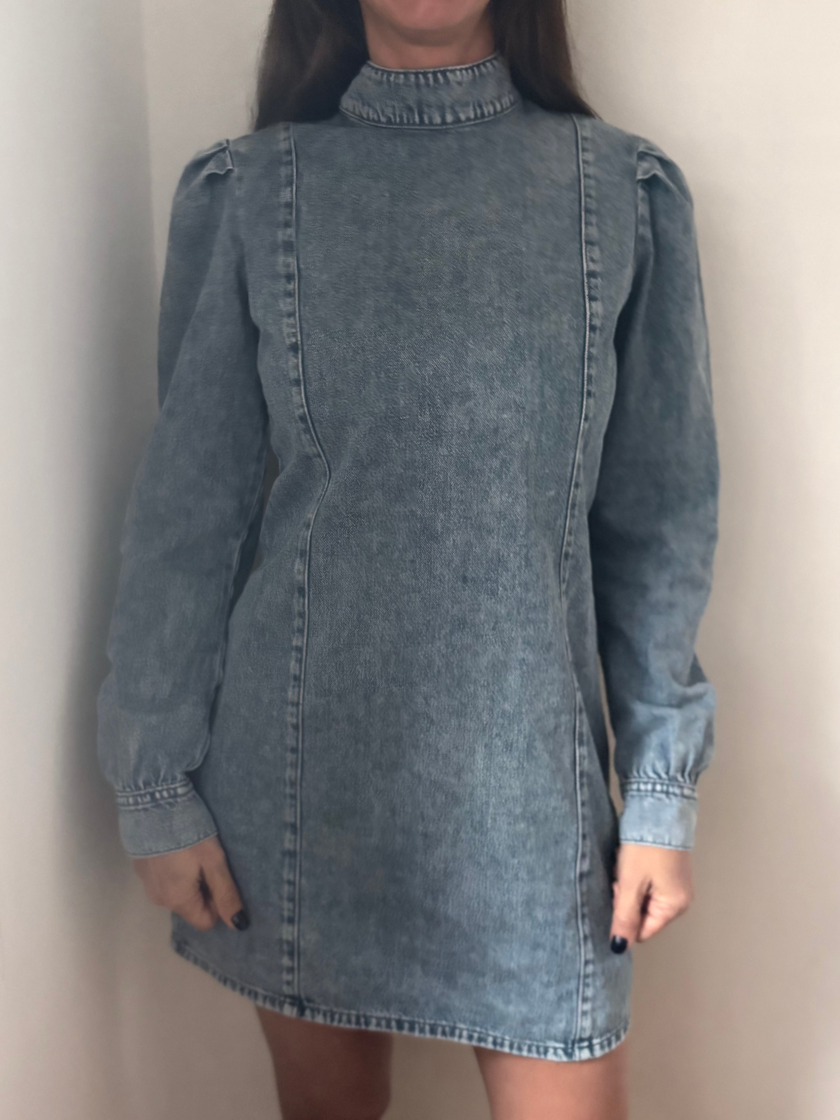 Y2K Fitted Denim Dress – Balloon Sleeves Stretch Bodycon Mini Size 38 | BARDO
