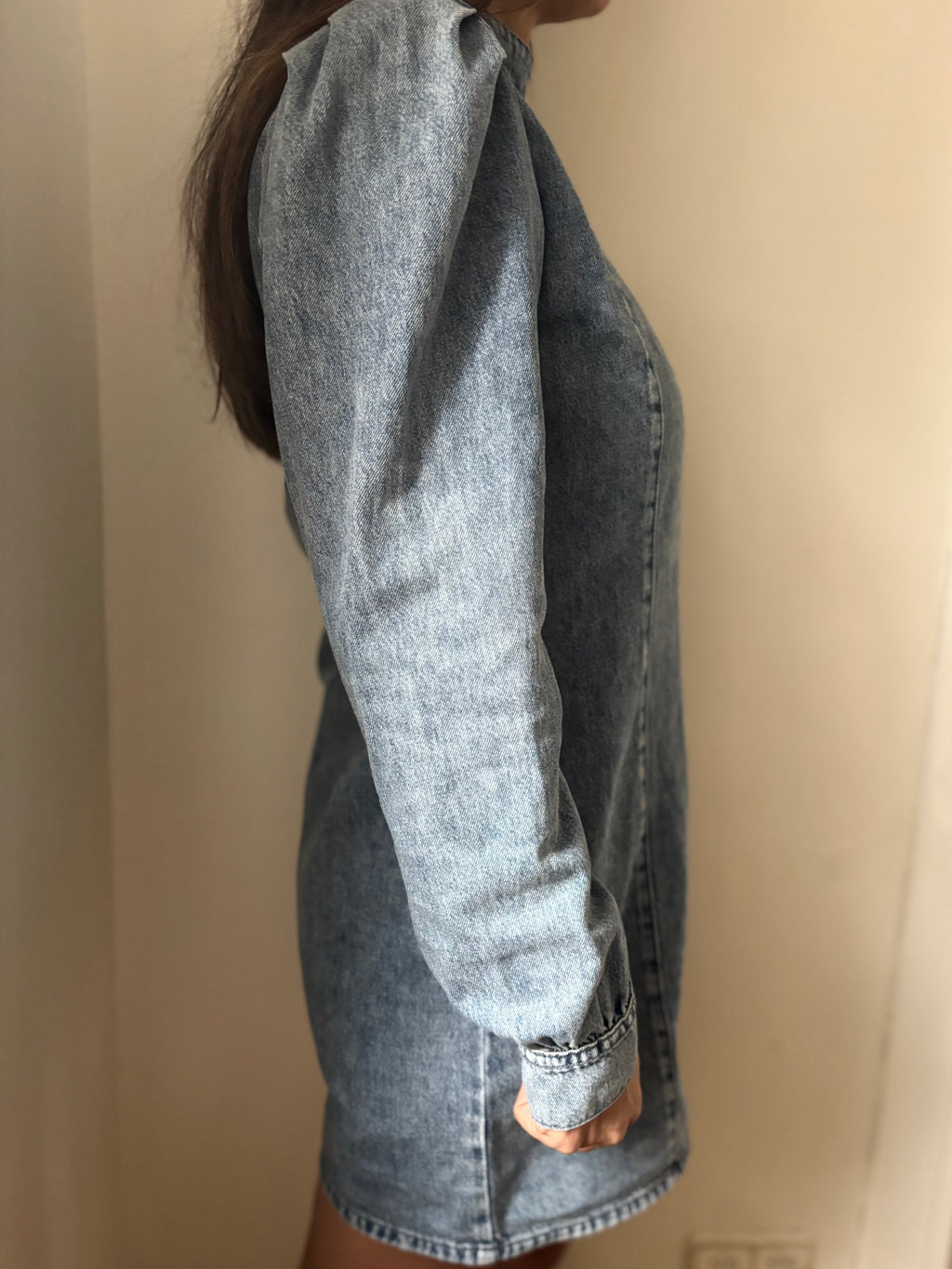Y2K Fitted Denim Dress – Balloon Sleeves Stretch Bodycon Mini Size 38 | BARDO