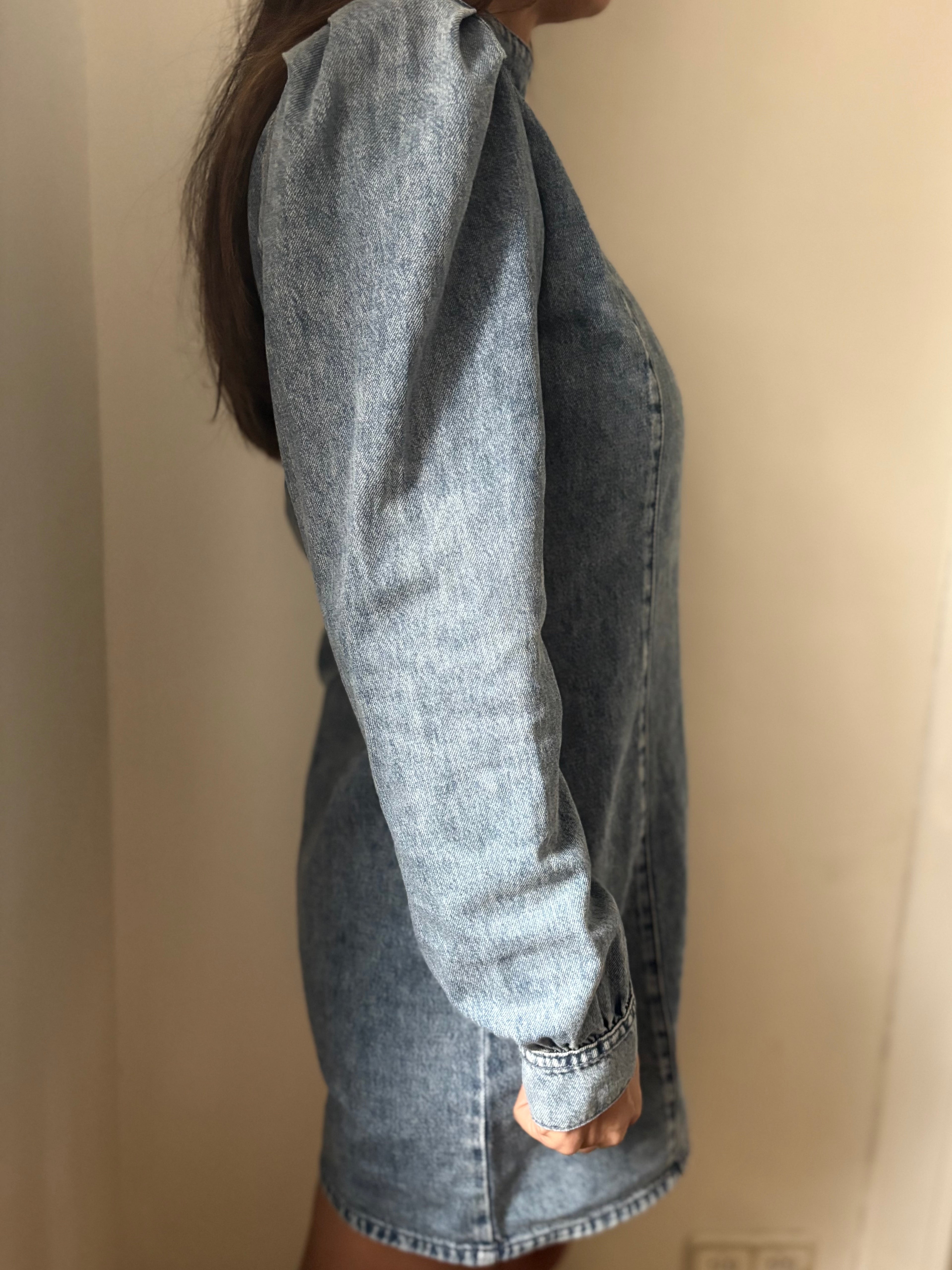Y2K Fitted Denim Dress – Balloon Sleeves Stretch Bodycon Mini Size 38 | BARDO