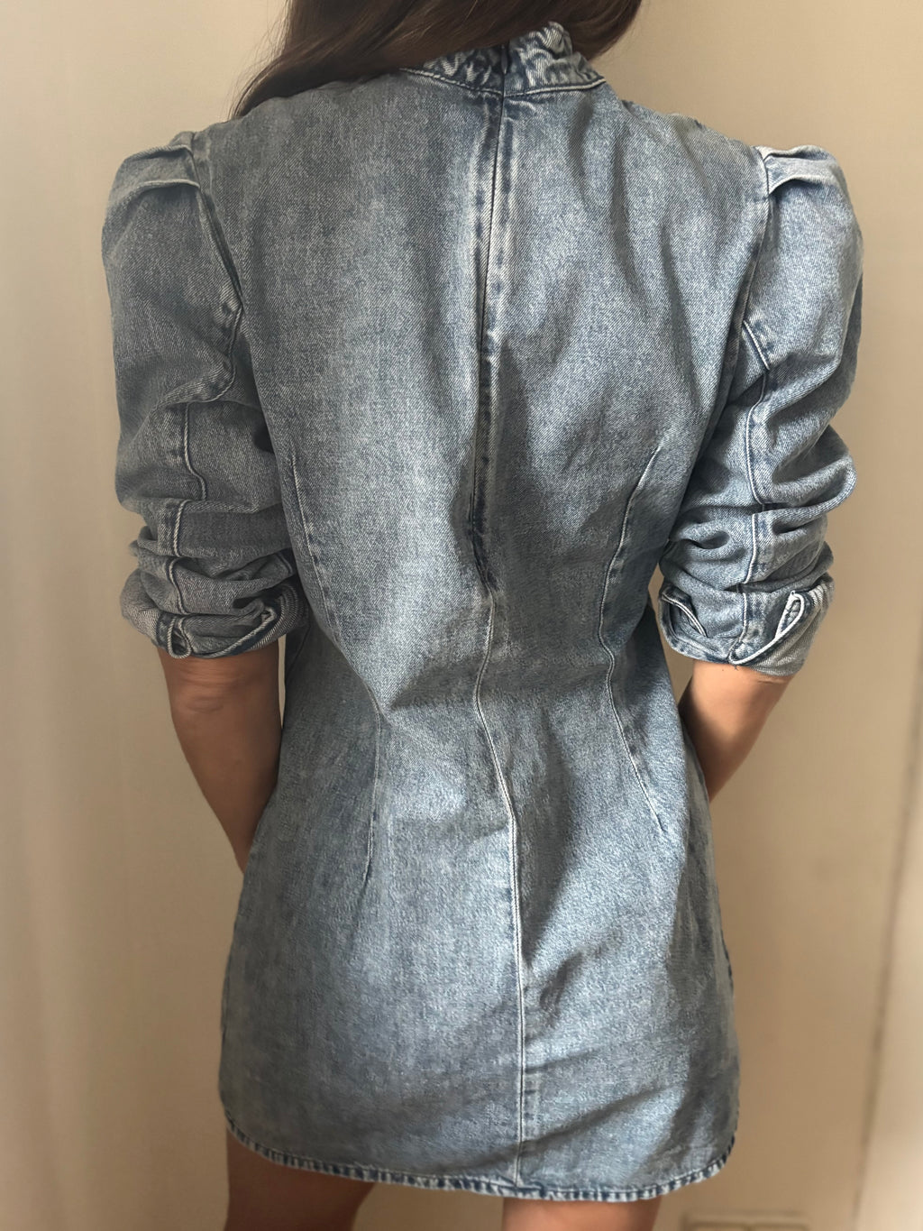 Y2K Fitted Denim Dress – Balloon Sleeves Stretch Bodycon Mini Size 38 | BARDO