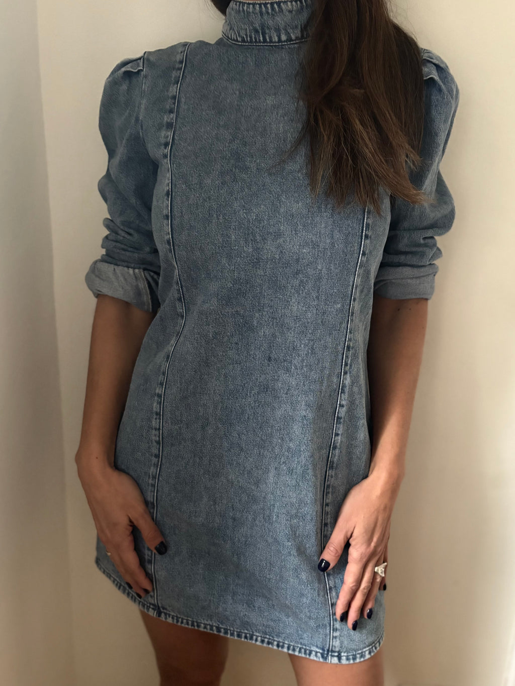 Y2K Fitted Denim Dress – Balloon Sleeves Stretch Bodycon Mini Size 38 | BARDO