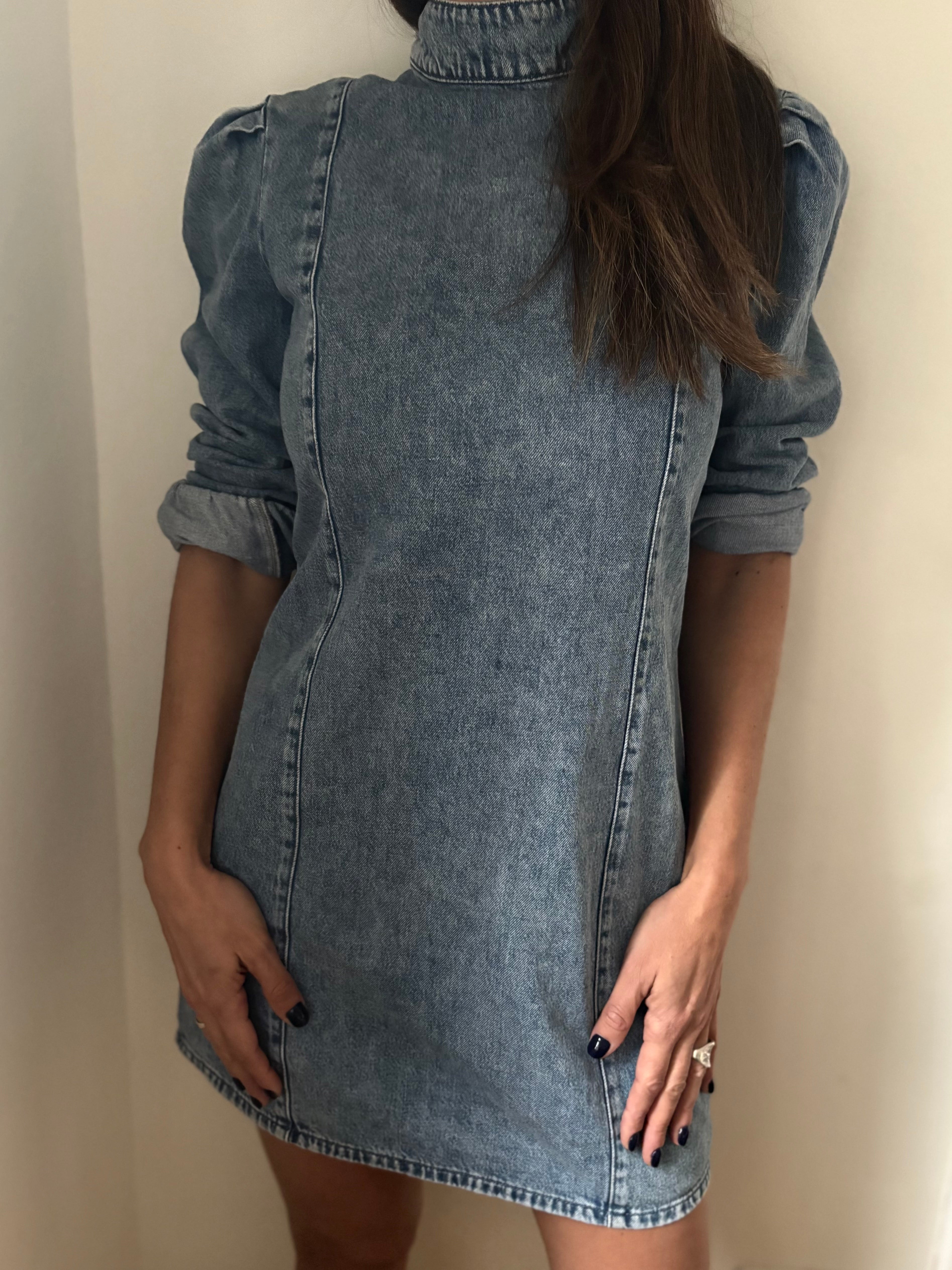 Y2K Fitted Denim Dress – Balloon Sleeves Stretch Bodycon Mini Size 38 | BARDO