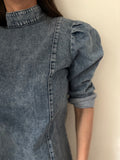 Y2K Fitted Denim Dress – Balloon Sleeves Stretch Bodycon Mini Size 38 | BARDO