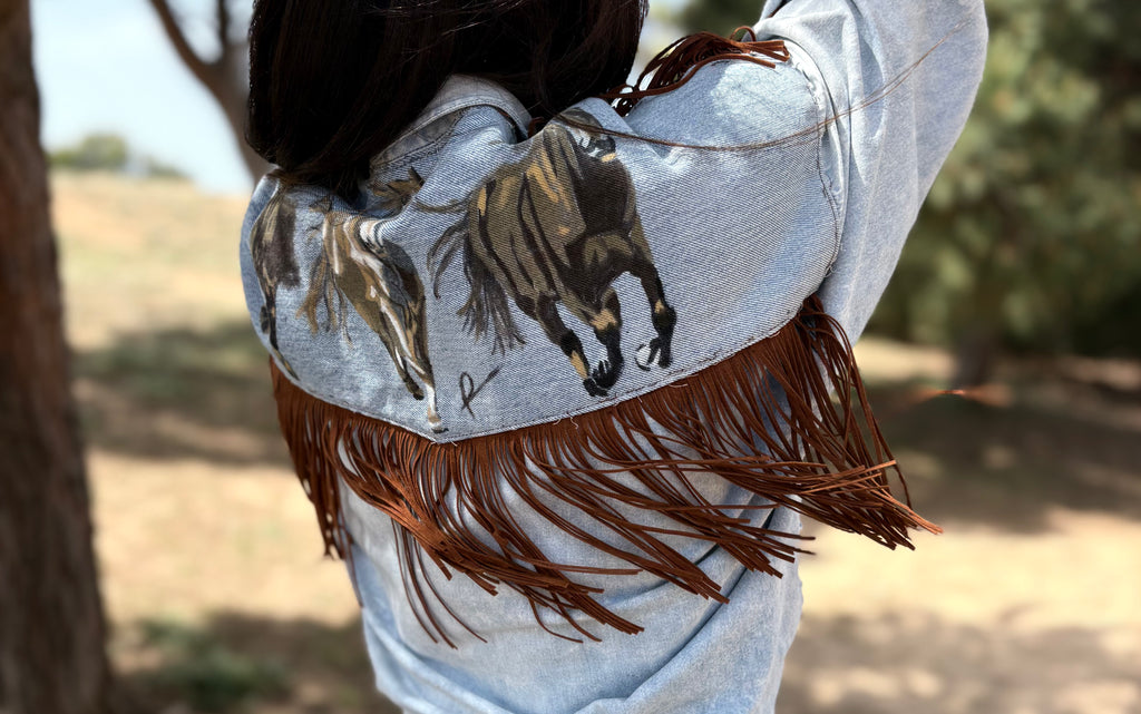 Unique Reworked Horse Painted Fringe Denim Shirt Oversize Western Y2K Light Blue | Bardo