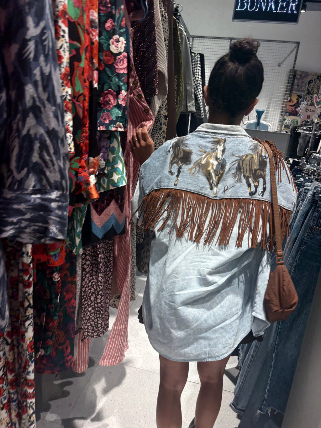 Unique Reworked Horse Painted Fringe Denim Shirt Oversize Western Y2K Light Blue | Bardo