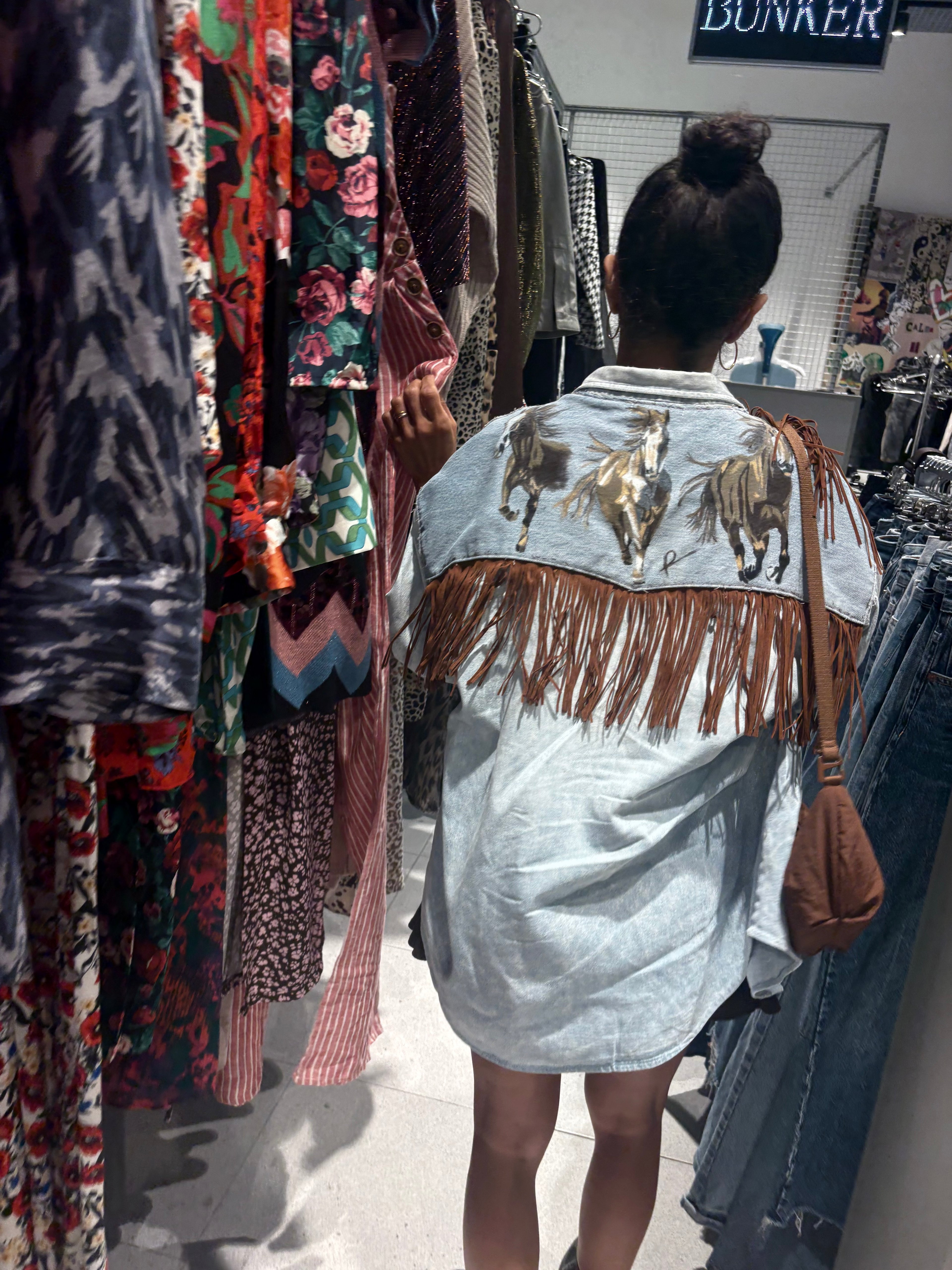 Unique Reworked Horse Painted Fringe Denim Shirt Oversize Western Y2K Light Blue | Bardo