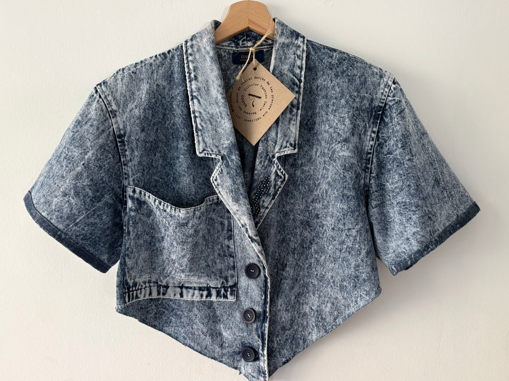 Unique Reworked 80s Cropped Denim Blazer Open Back Blue | Bardo