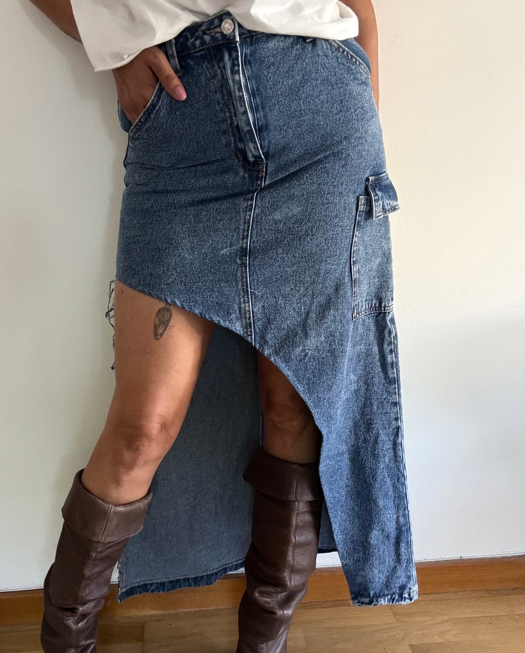 Unique Reworked Asymmetric Denim Skirt Side Slit Cargo Pocket Blue | Bardo