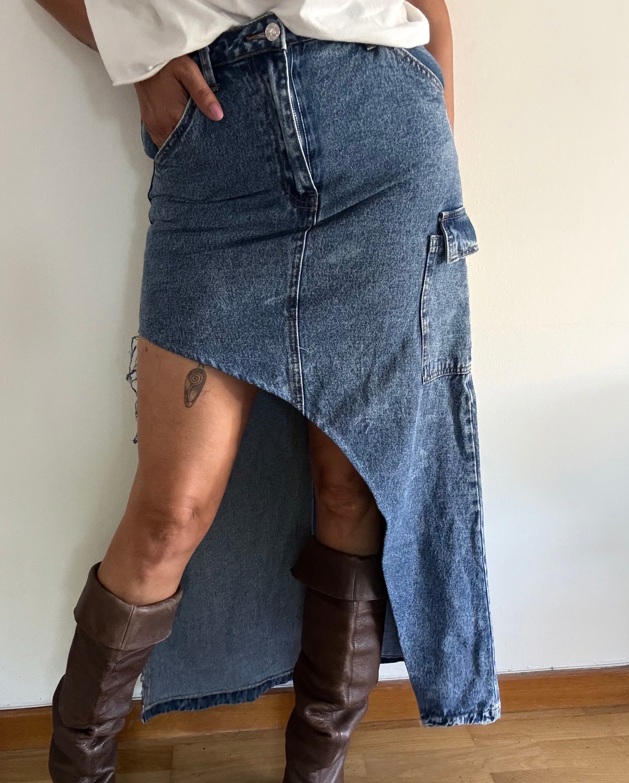 Unique Reworked Asymmetric Denim Skirt Side Slit Cargo Pocket Blue | Bardo