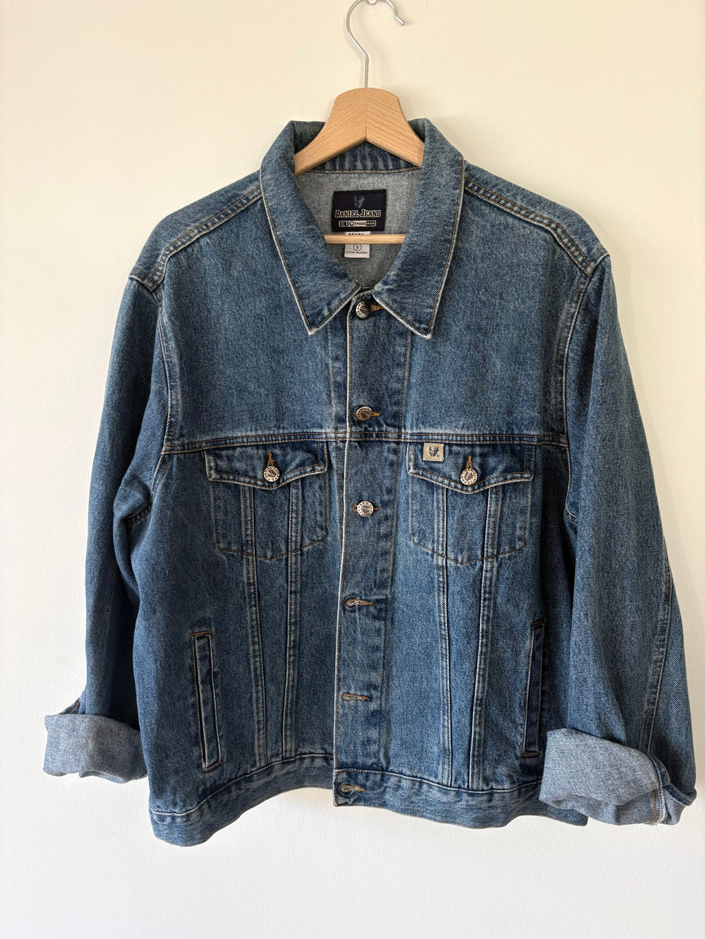 90s Denim Jacket Classic Button Front Double Stitch 100% Cotton Blue Unique | Bardo