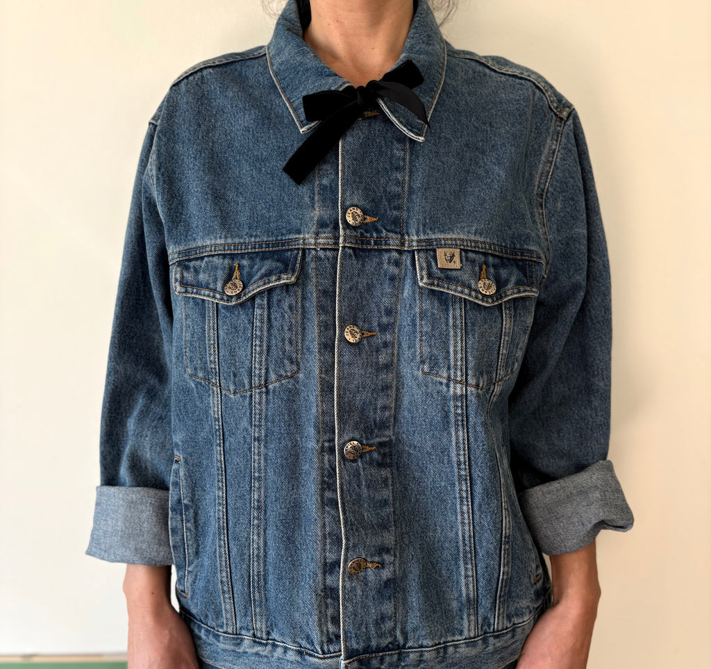 90s Denim Jacket Classic Button Front Double Stitch 100% Cotton Blue Unique | Bardo