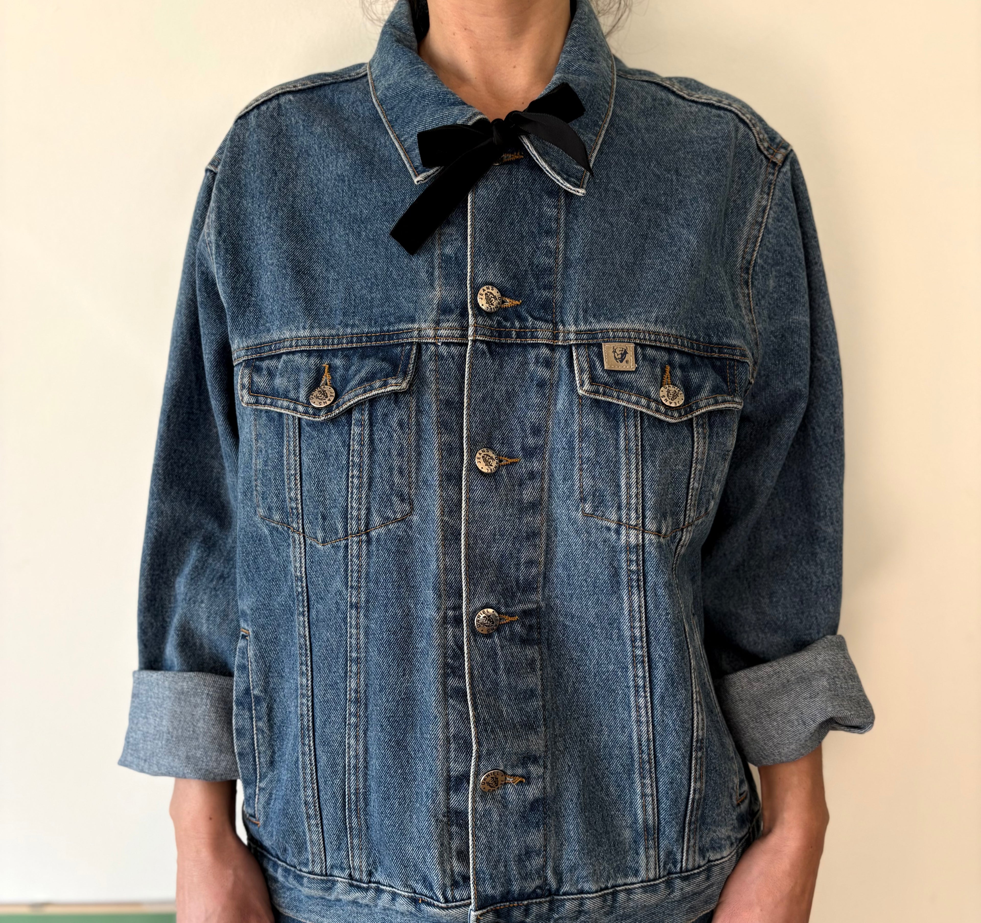 90s Denim Jacket Classic Button Front Double Stitch 100% Cotton Blue Unique | Bardo