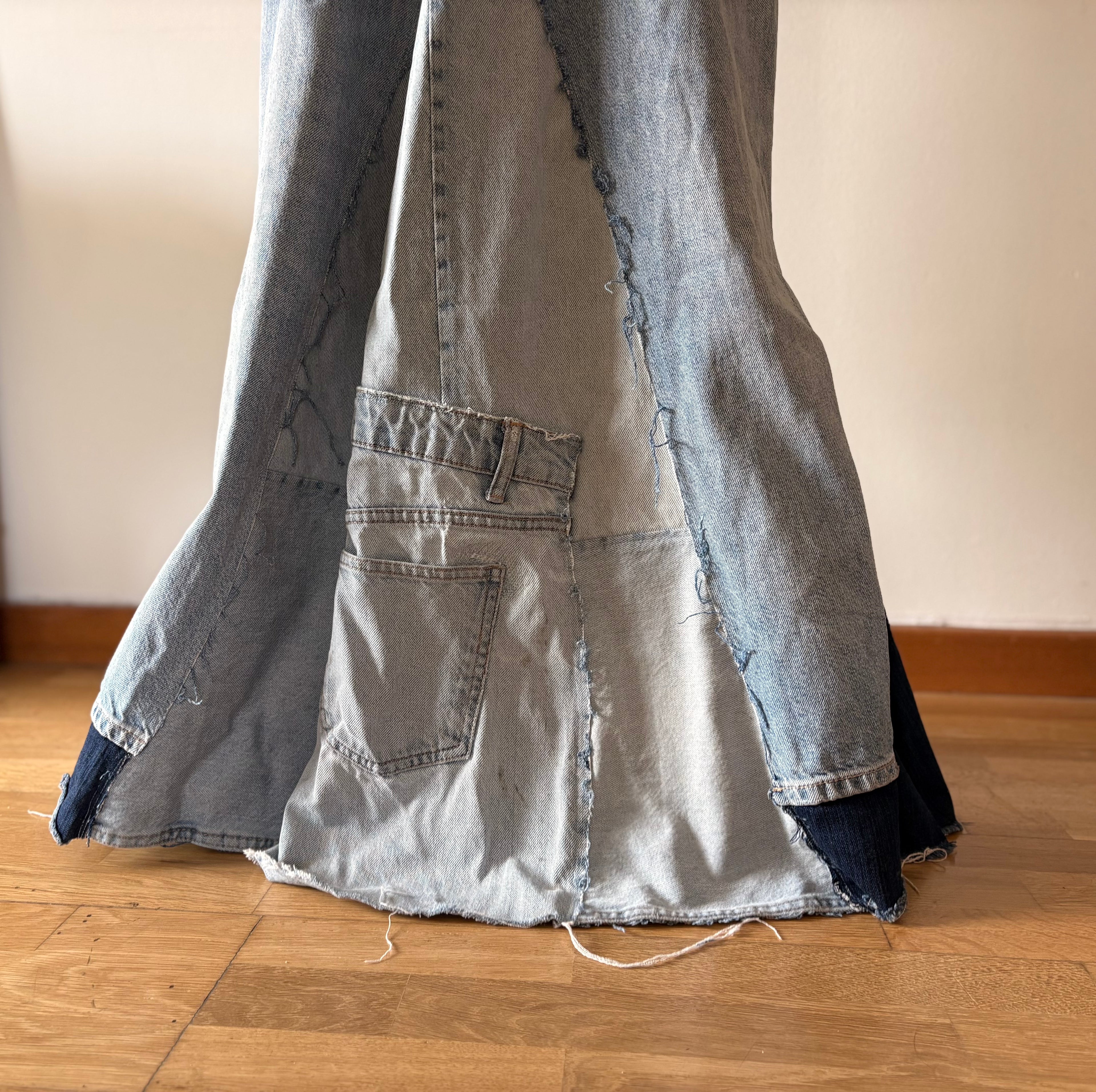 Unique Reworked Denim Maxi Skirt High Low Raw Hem Blue | Bardo