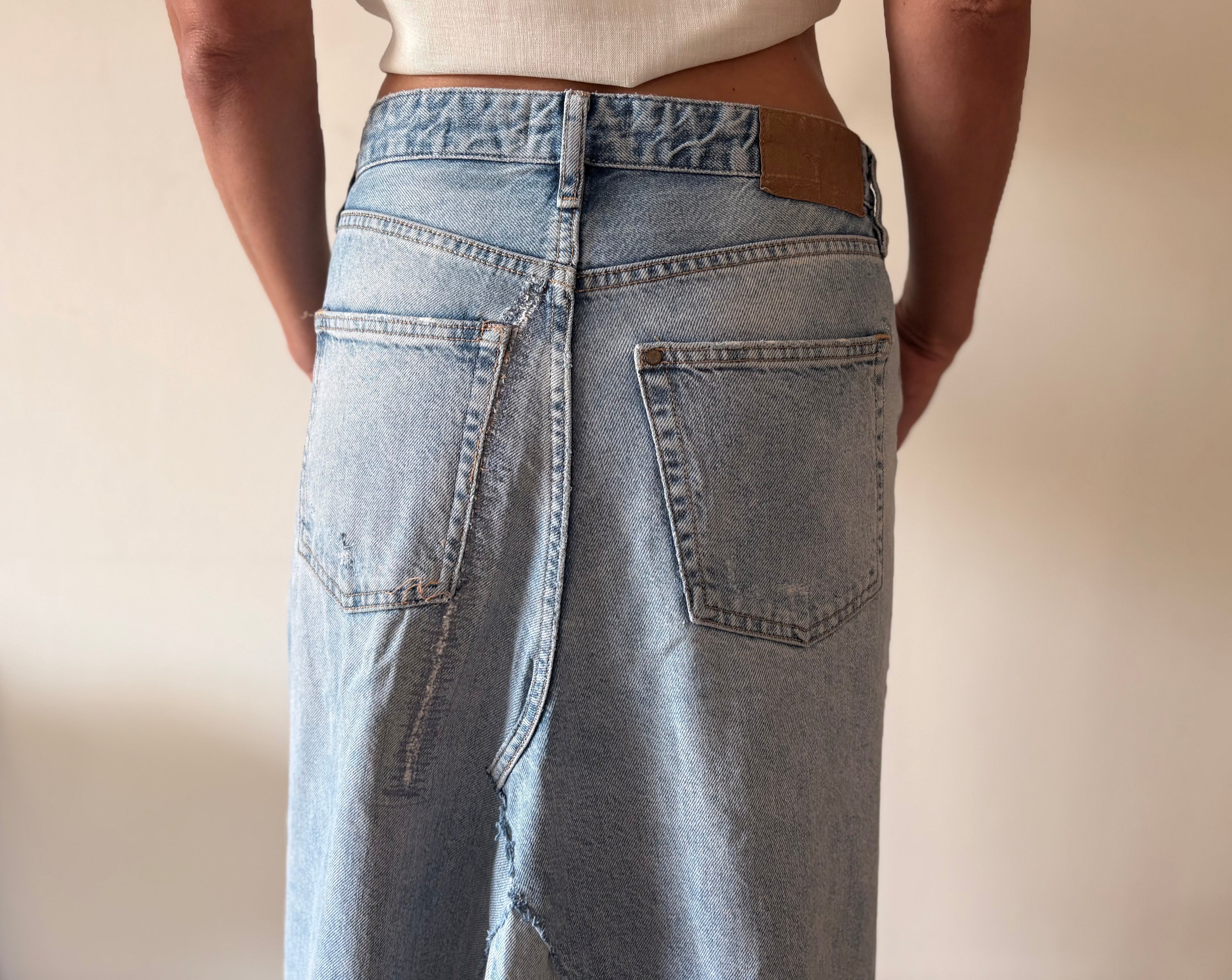 Unique Reworked Denim Maxi Skirt High Low Raw Hem Blue | Bardo
