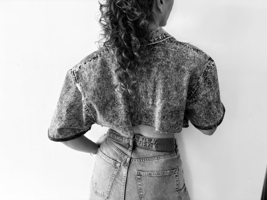 Unique Reworked 80s Cropped Denim Blazer Open Back Blue | Bardo