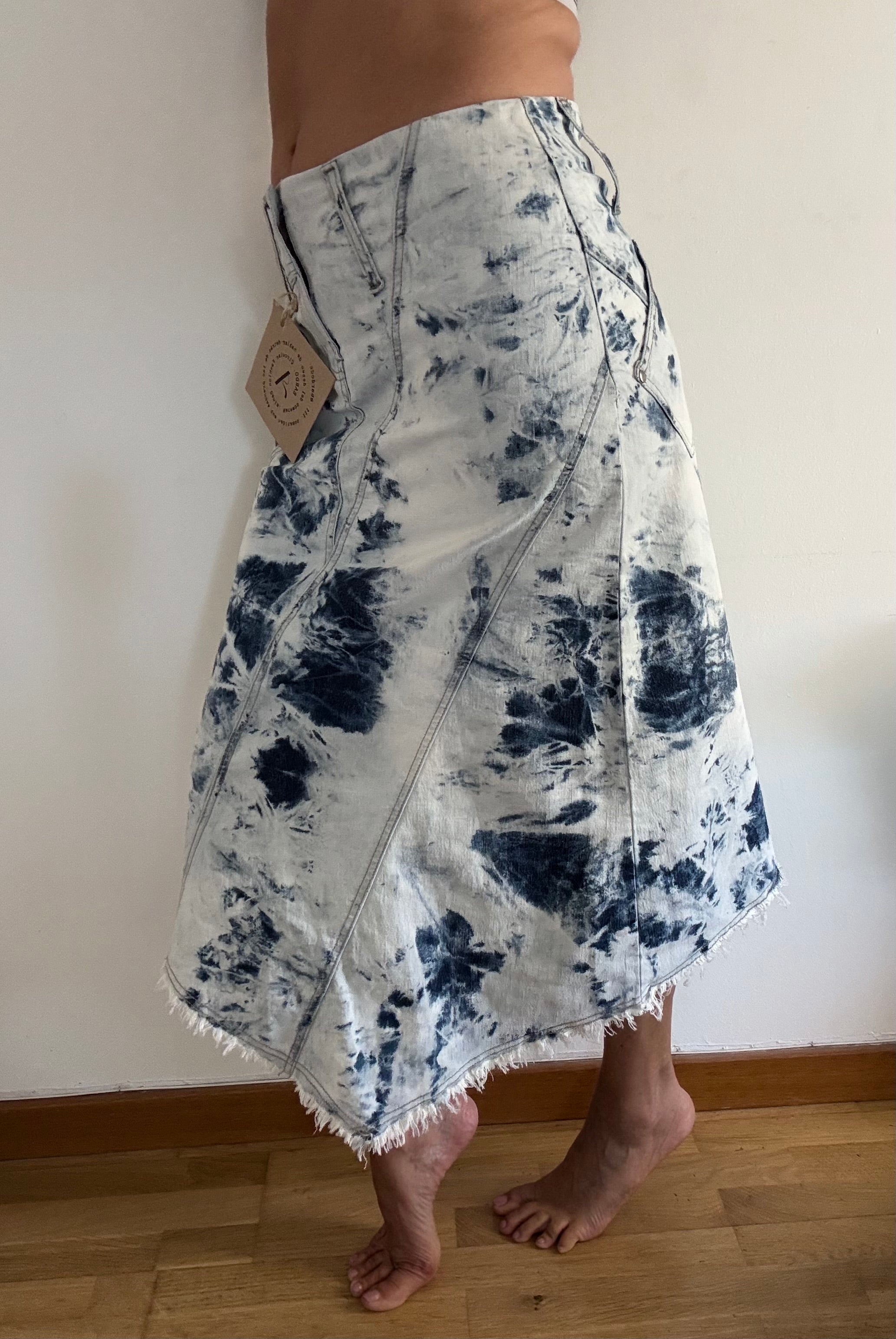 Vintage Nevada Asymmetric Denim Skirt Tie Dye Blue White XL | Bardo