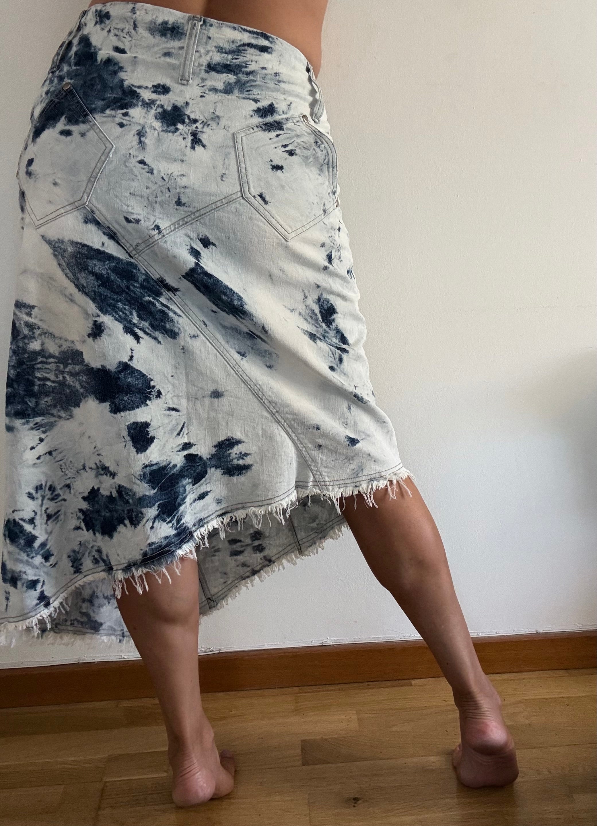 Vintage Nevada Asymmetric Denim Skirt Tie Dye Blue White XL | Bardo