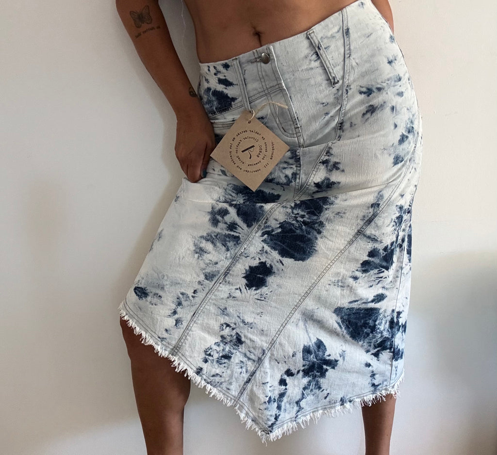 Vintage Nevada Asymmetric Denim Skirt Tie Dye Blue White XL | Bardo